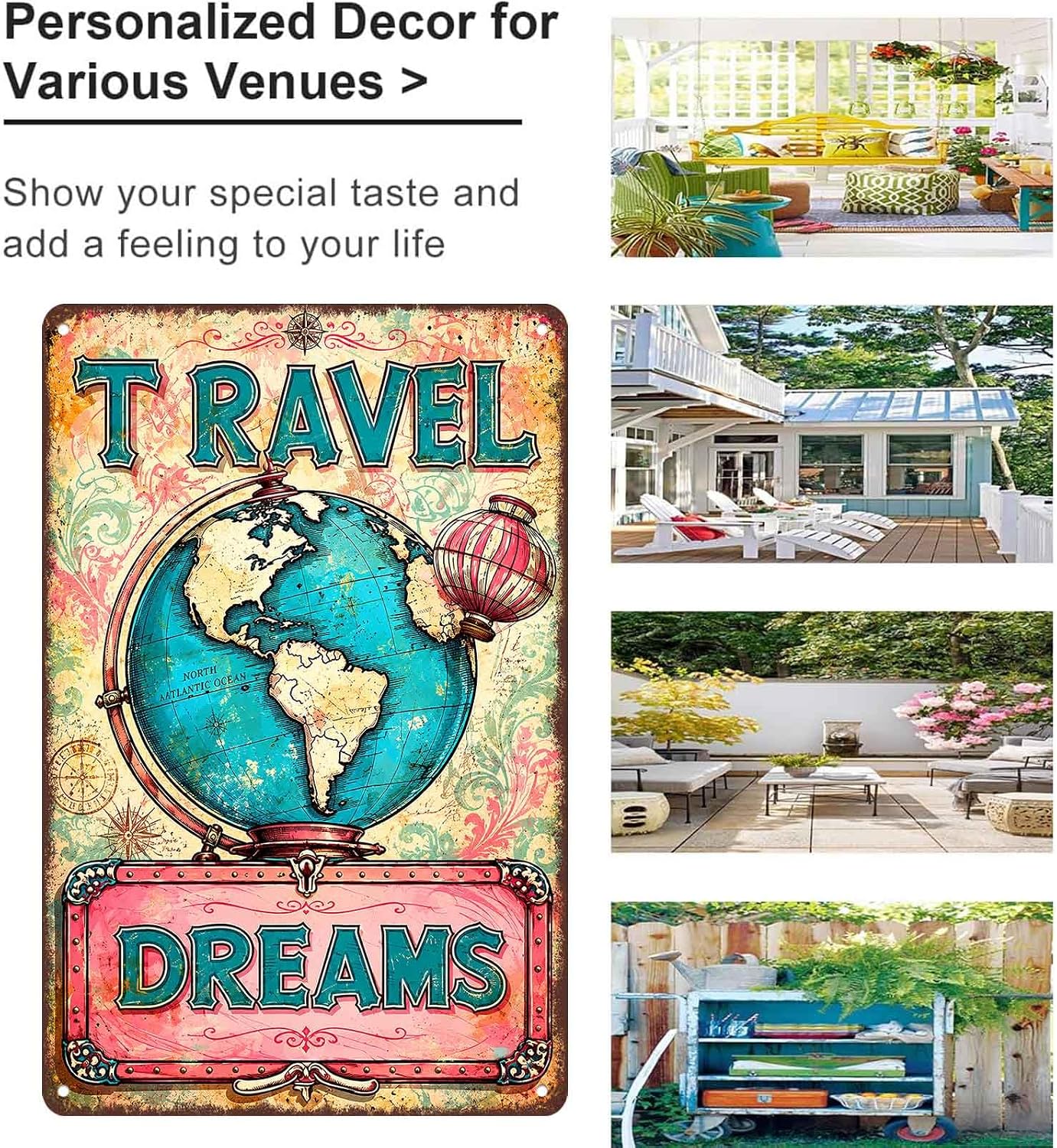 Travel Dreams Vintage Globe Aluminum Metal Sign 8 x 12 Inch image 3