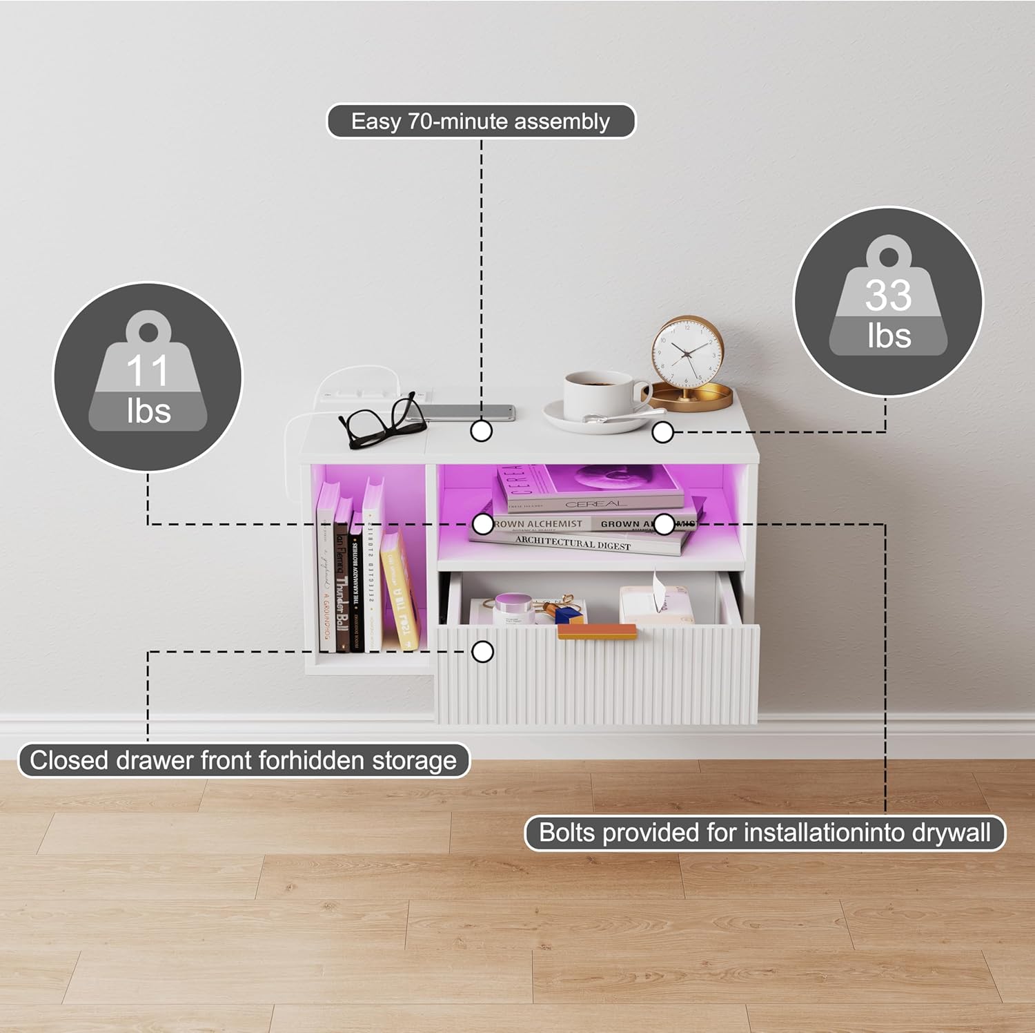 White Floating Nightstand with Charging Station and LED Lights,White