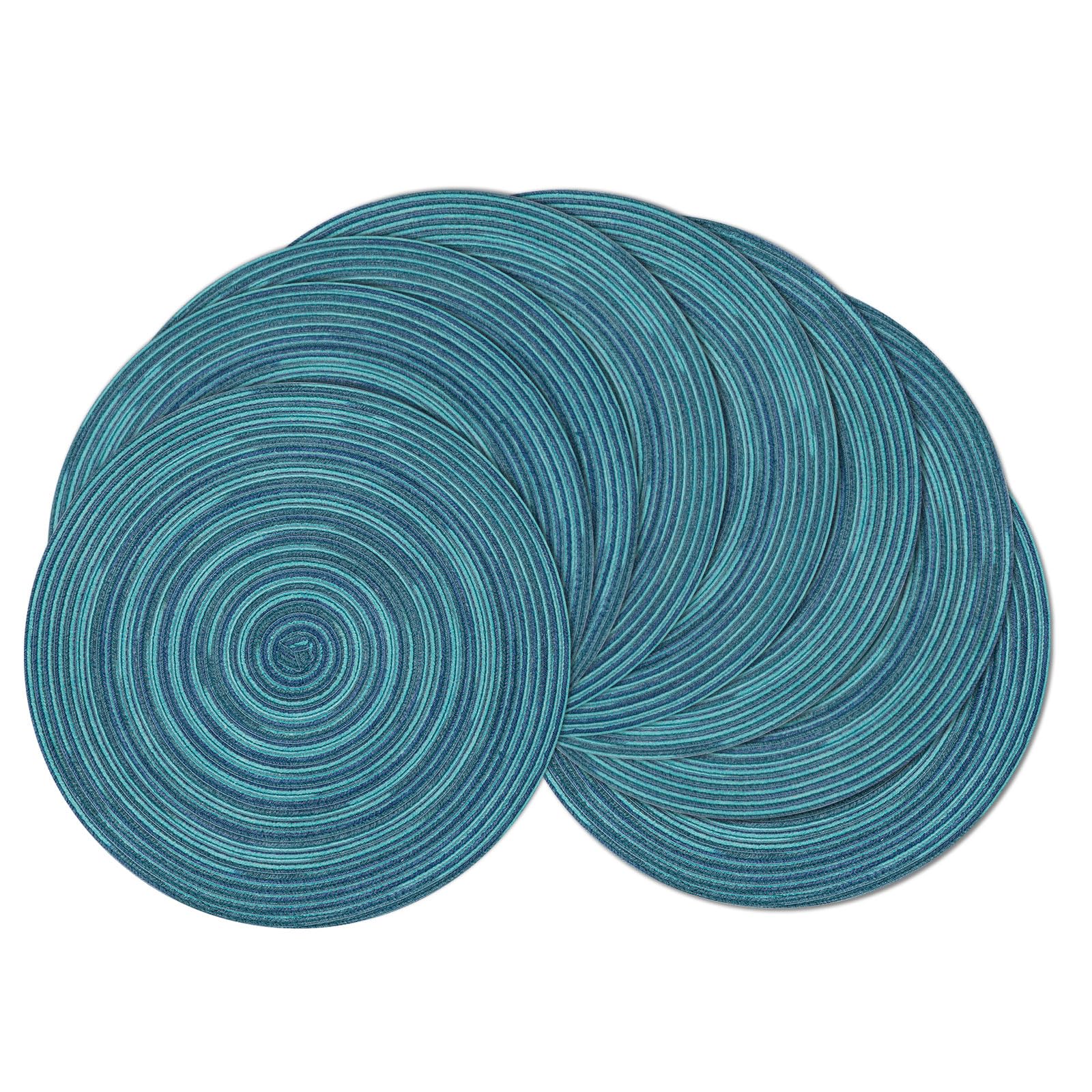 SHACOS 15 inch Round Placemats Set of 8 Variegated Multicolor Place Mats Cotton Polyester Braided Non Slip Washable Heat Resistant Table Mats for Home Wedding Dinner Party Table Decor, Rainbow Teal
