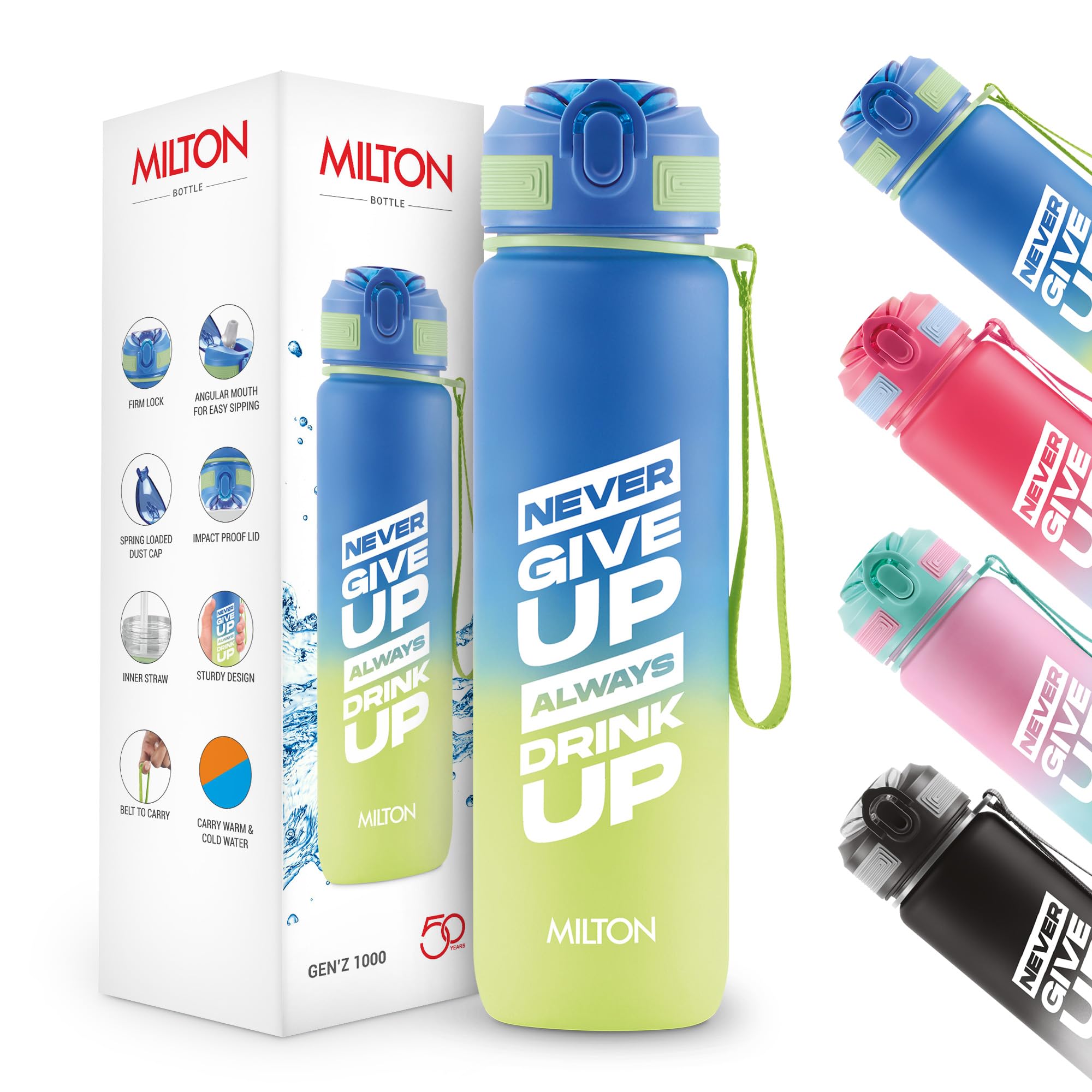 MILTON Gen'Z Water Bottle 1 ltr (Never Give Up), Motivational