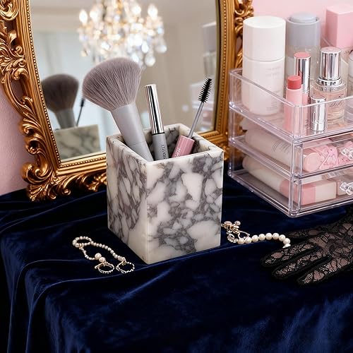 Miniatura 4 de Soporte para bolígrafo de mármol, organizador de escritorio rectangular de piedra blanca, almacenamiento de brochas de maquillaje para estudio de