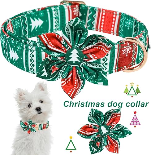 Miniatura 2 de ARING PET Collar de Navidad para perro, lindo collar de perro con flor, ajustable, de algodón, rojo, verde, collar de perro de Navidad, collares