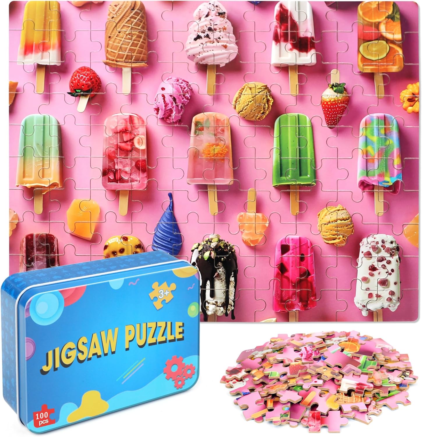 LELEMON Popsicle Puzzles for Kids Ages 4-8,100 Pieces Summer Treats Jigsaw Puzzles in a Metal Box,Colorful Popsicle Ice Cream Learning Educational Puzzles for Boys Girls