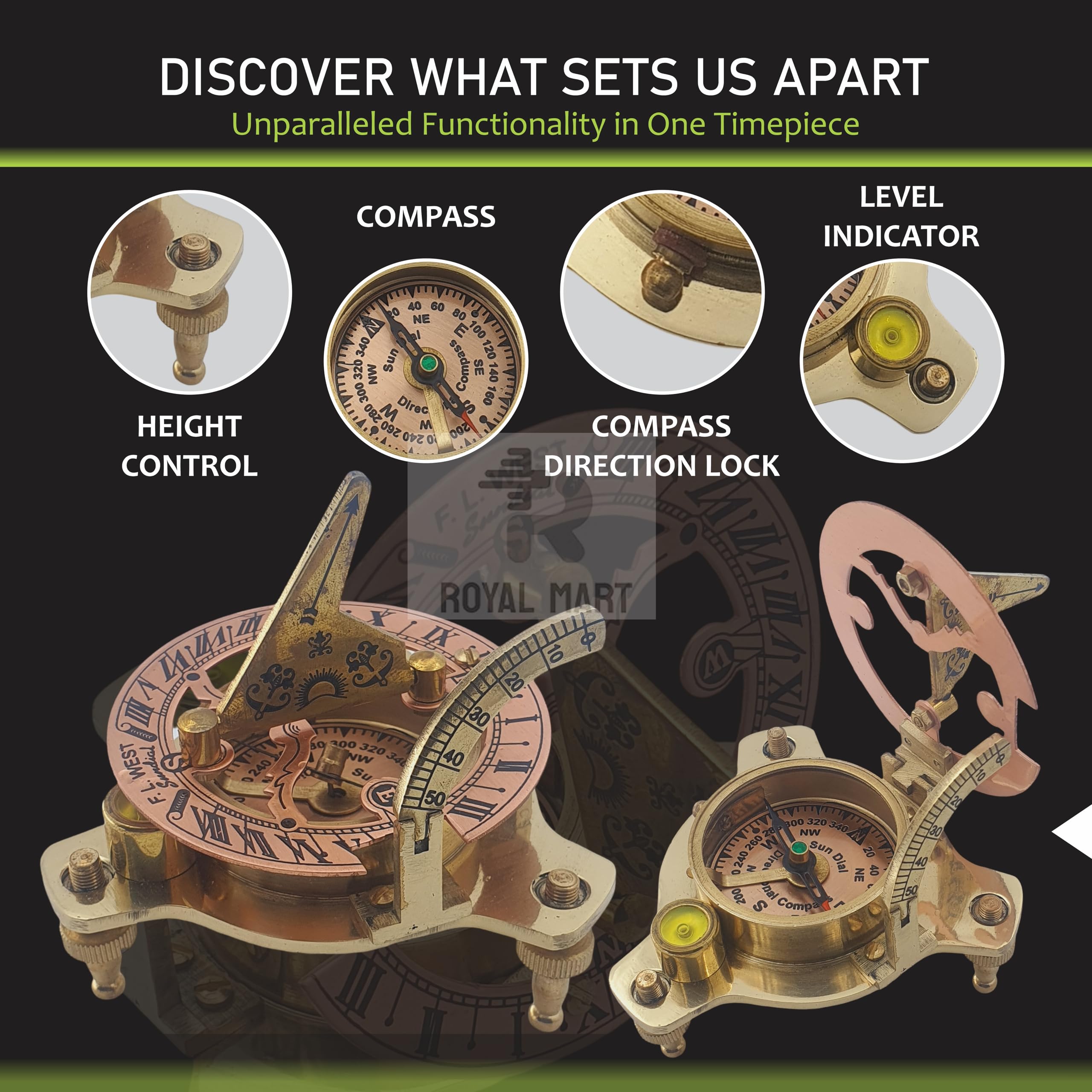 Antique Vintage Brass Sundial Compass with Leather Case - Antique Brass & Copper Sun Clock for Camping, Hiking, Touring - Engraved Gift for Him - Sundial Clock