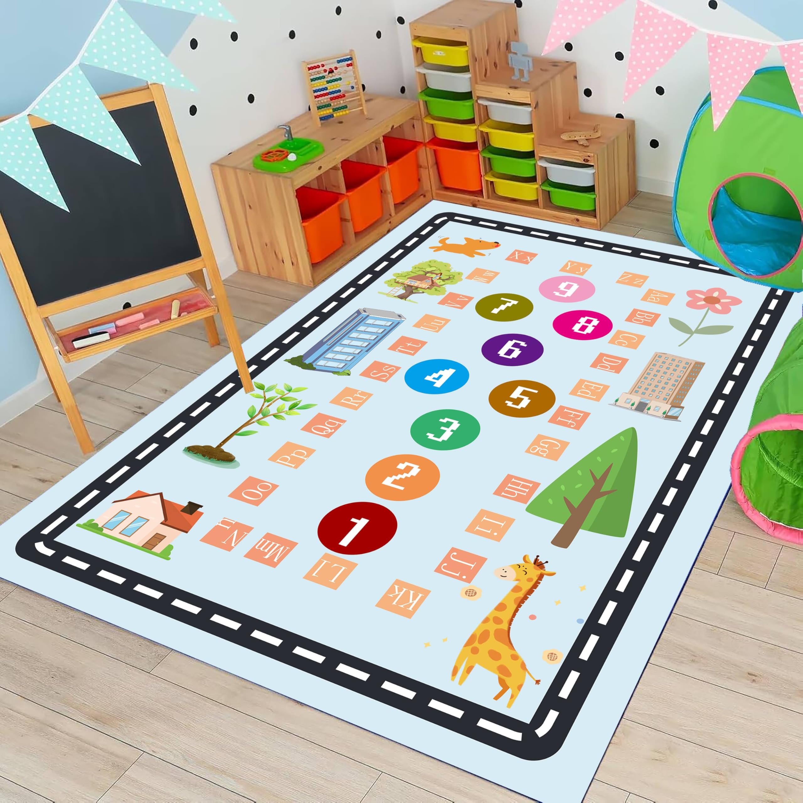 ABC Alphabet Area Rug, 140x200cm Cute Puppy Flower Giraffe Animal Print Rug, Tall Buildings Trees Numbers Pattern Learning Soft Carpet, Low-Pile Cartoon Rugs for Living Rooms Bedrooms - Light Blue