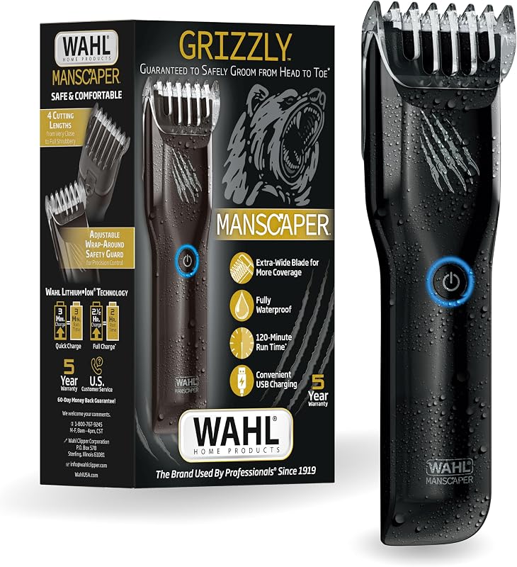 Manscaper Grizzly Cortapelos inalámbrico para ingle y cuerpo en húmedo/seco para hombres | Recorta el vello corporal de forma segura, recortadora con cuchilla extra ancha de acero inoxidable, afeitadora corporal resistente al agua con carga USB – Modelo 3026572