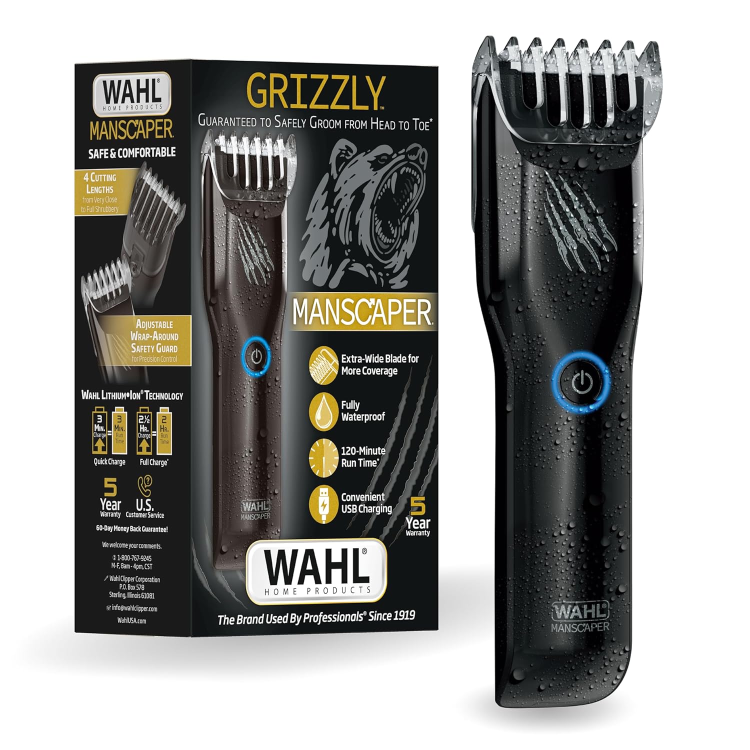 Wahl Manscaper Grizzly Rechargeable Groin & Body Hair Trimmer for Men – Extra Wide Stainless Steel Blade, Waterproof Wet/Dry Mens Body Shaver, 120-Minute Runtime, USB Charging – Model 3026572