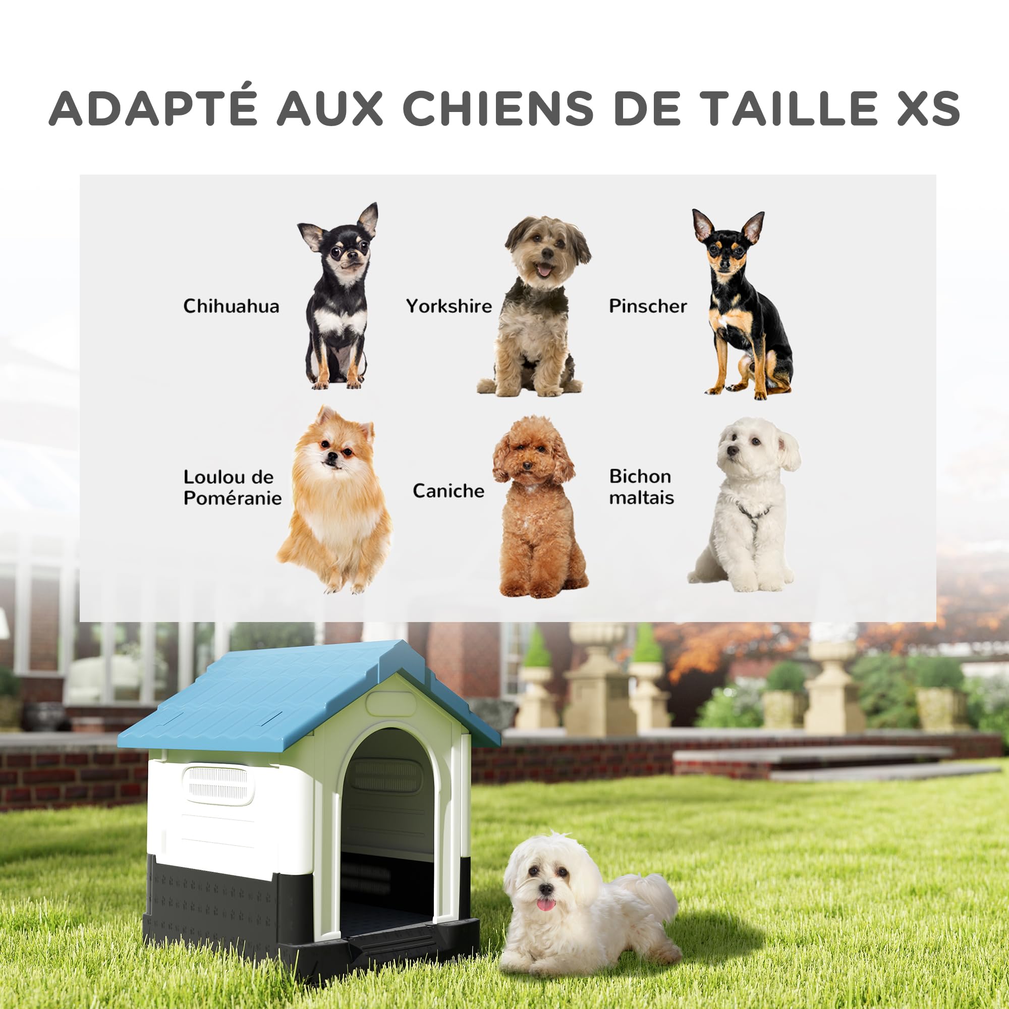 PawHut Niche pour Chien chenil à l'extérieur pour Chiens de Petite et Moyenne Taille - 64,5 x 57 x 66 cm - Blanc et Bleu | pour Chiens de Petite et Moyenne Taille