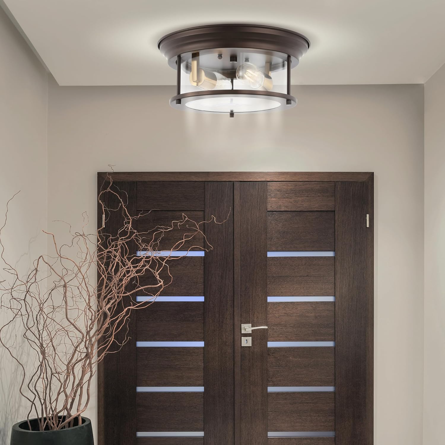 JONATHAN Y 13.25" Oil Rubbed Bronze/Brass Gold 2-Light LED Flush Mount Ceiling Light Fixture, Modern Clear Glass Drum Shade, Industrial Farmhouse Lighting for Kitchen Hallway Bedroom (JYL7446E)