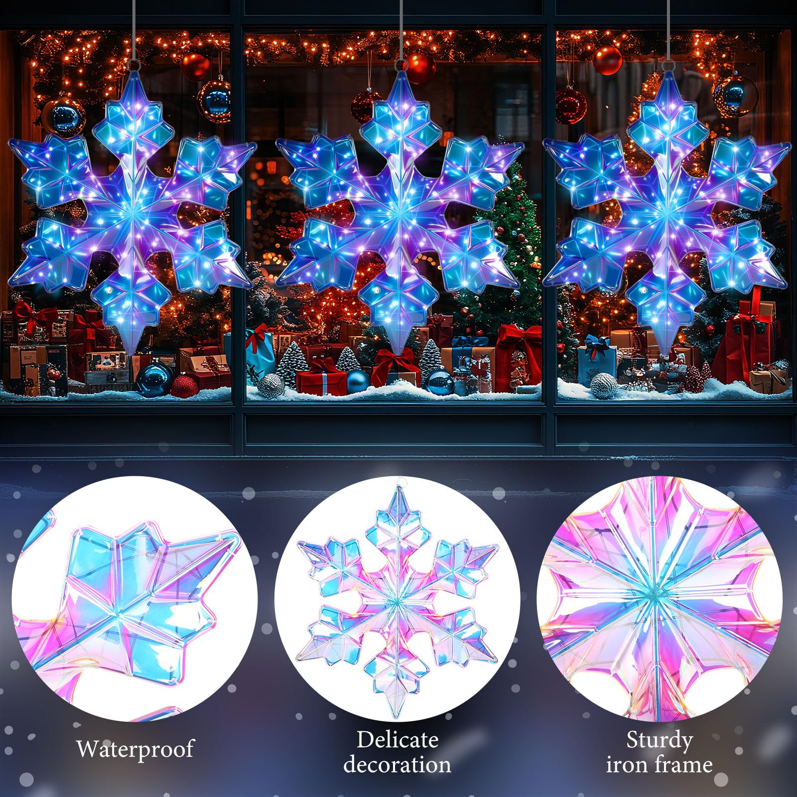 Nuanchu Grande guirlande lumineuse de Noël en forme de flocon de neige de 63,5 cm pré-éclairée à 155 DEL à suspendre pour grande fenêtre, lumières prismatiques irisées, imperméables pour Noël, maison
