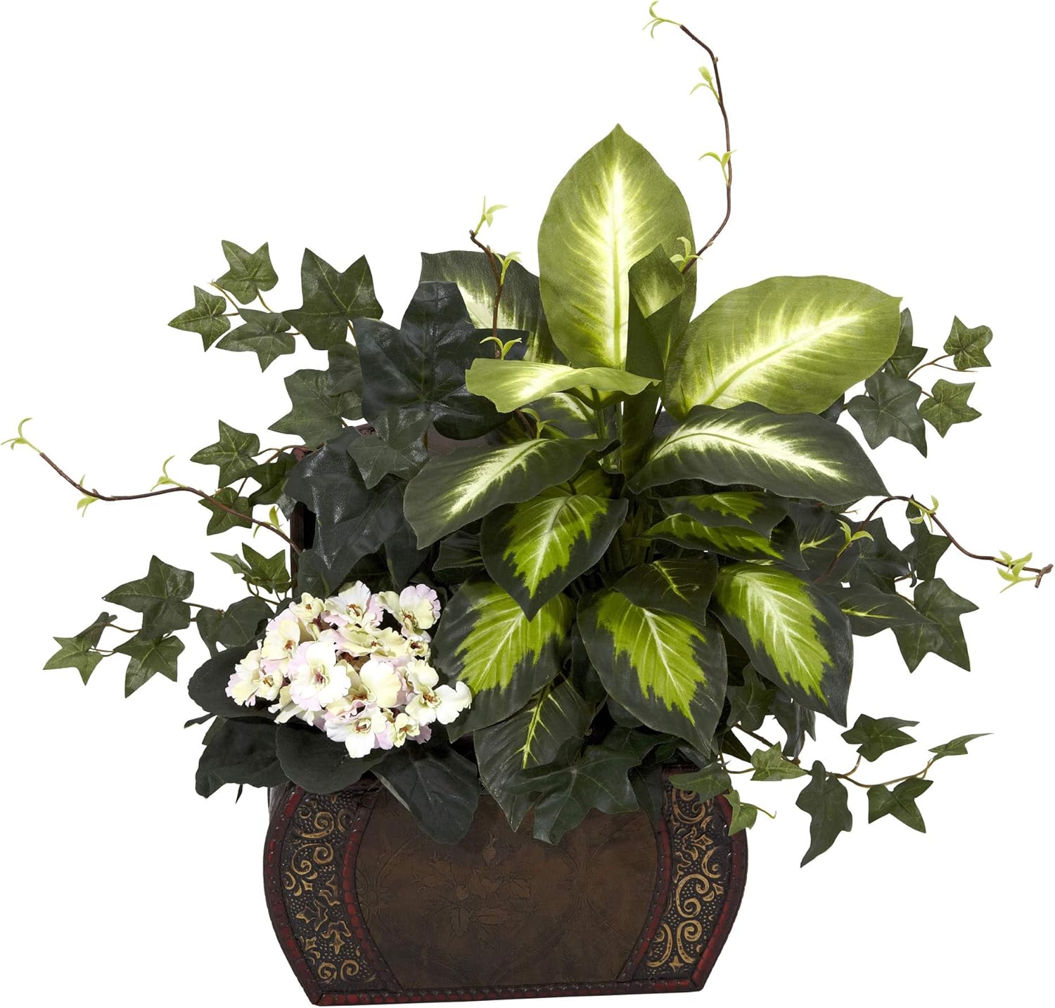 Nearly Natural African Violet, Dieffenbachia & Ivy with Chest Silk Plant