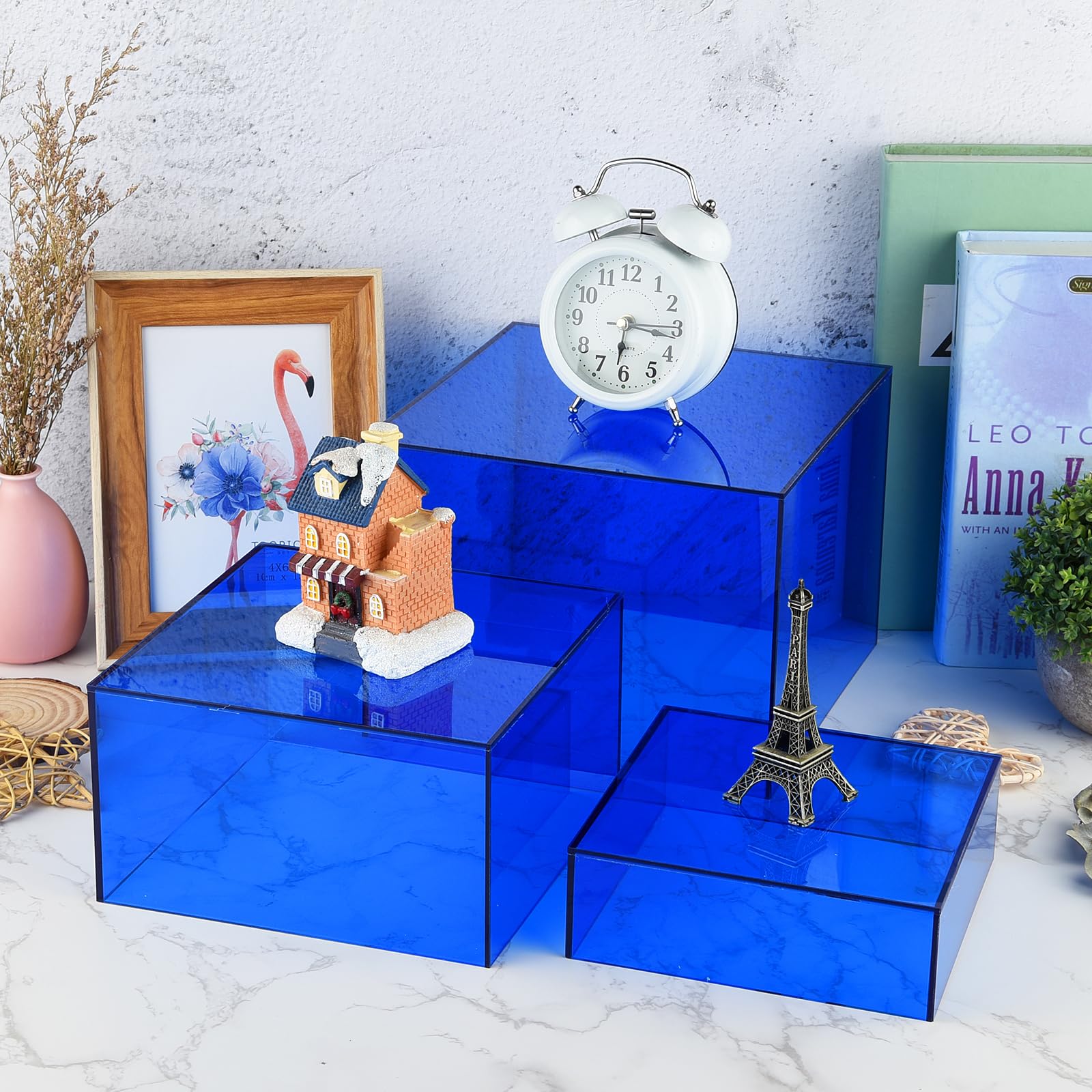 Lot de 3 rehausseurs de buffet bleus en acrylique pour plateaux, fêtes, mariages, desserts, objets de collection, figurines (15,2 x 17,8 x 20,3 cm)