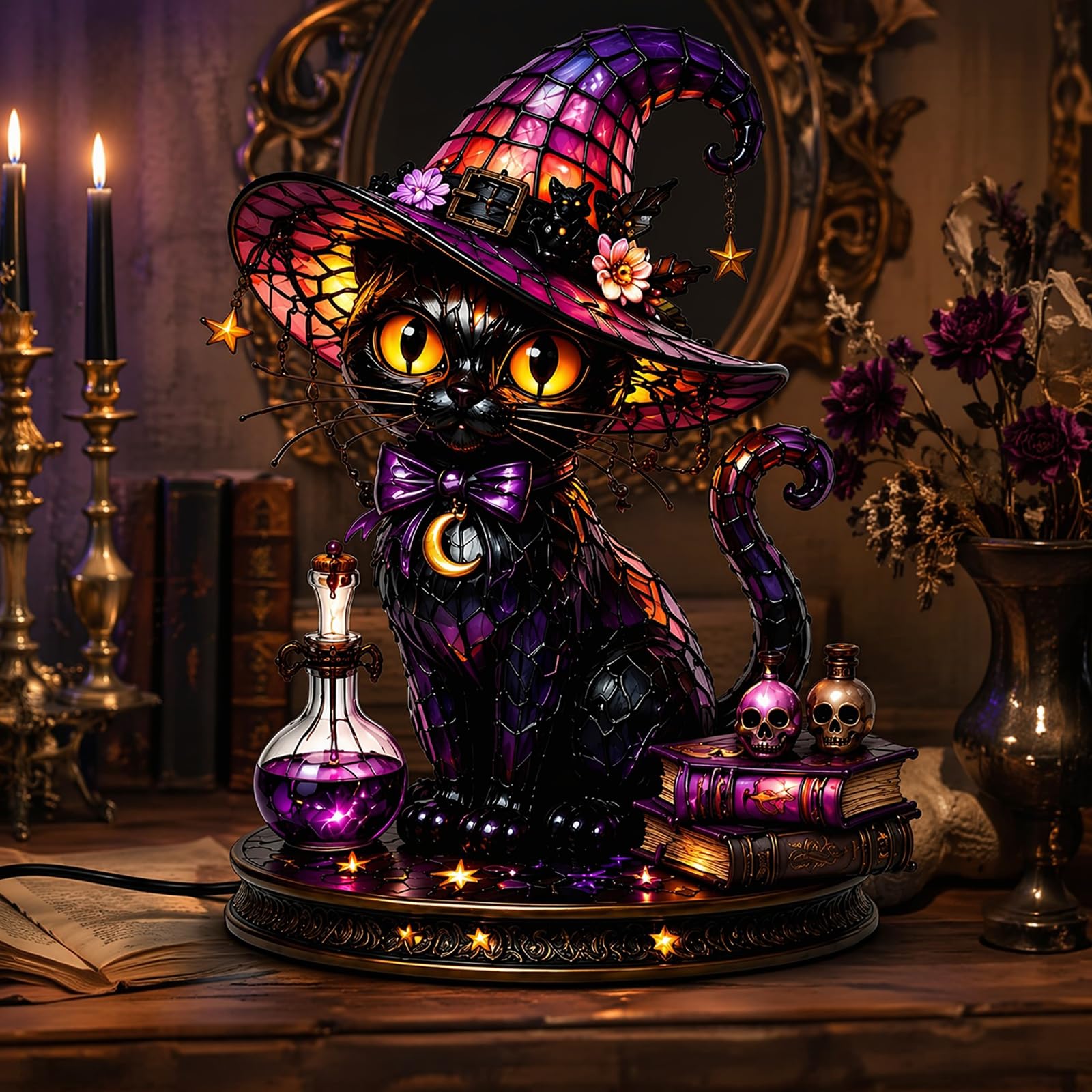 Stained Glass Witch Hat Lamp, Gothic Witch Hat Night Light