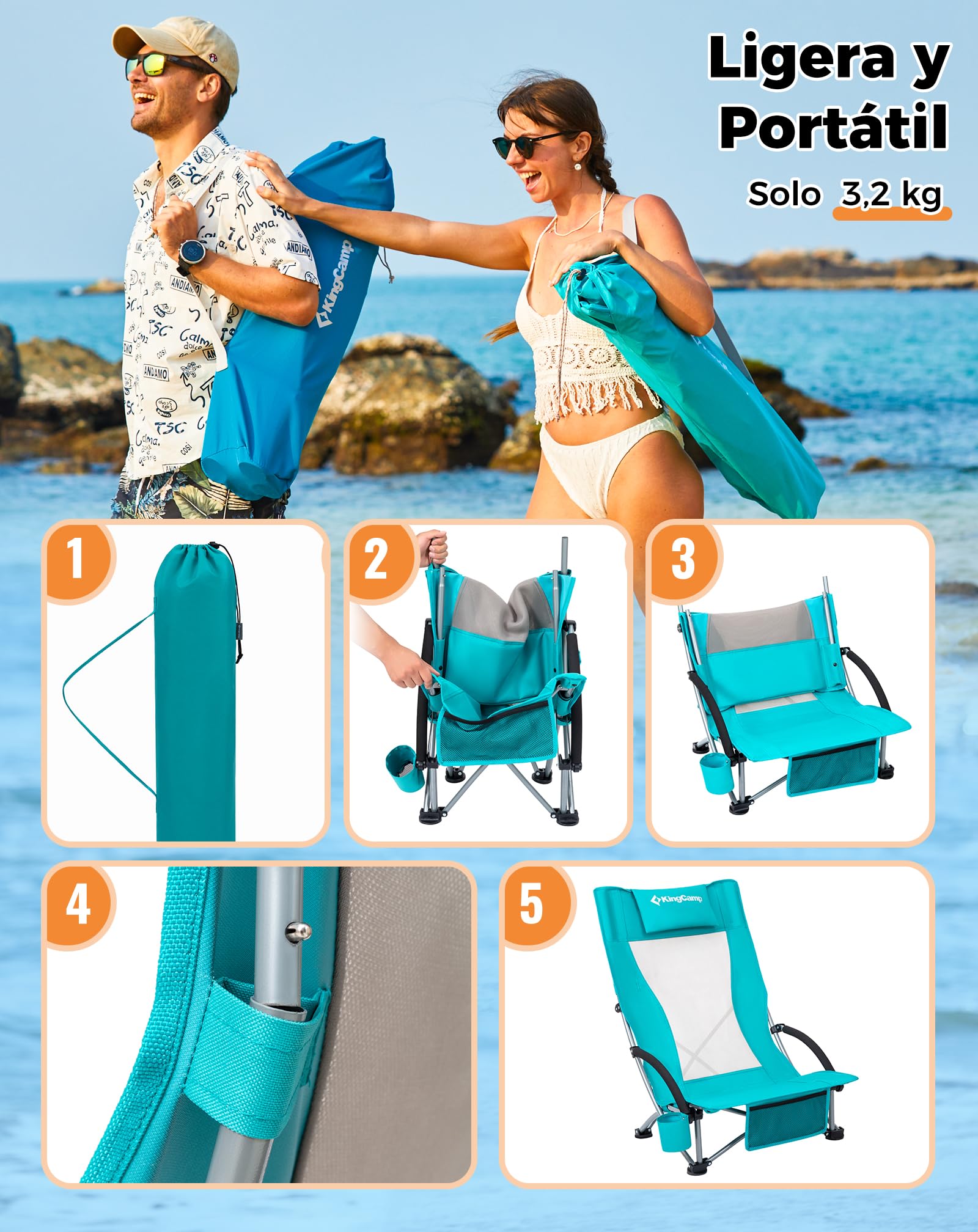KingCamp Silla de Playa Baja Plegable Ligera Capacidad 180kg Silla Picnic Estabilidad Doble Tubo Silla Portátil para Conciertos Asiento Ancho y Bolsillo Cian