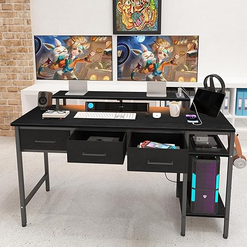 Miniatura 2 de 55-inch Computer Desk with 3 Drawers, Gaming Desk with LED Lights & Power Outlets, Writing and Learning Desk with Long Monitor Stand, Gaming Desk