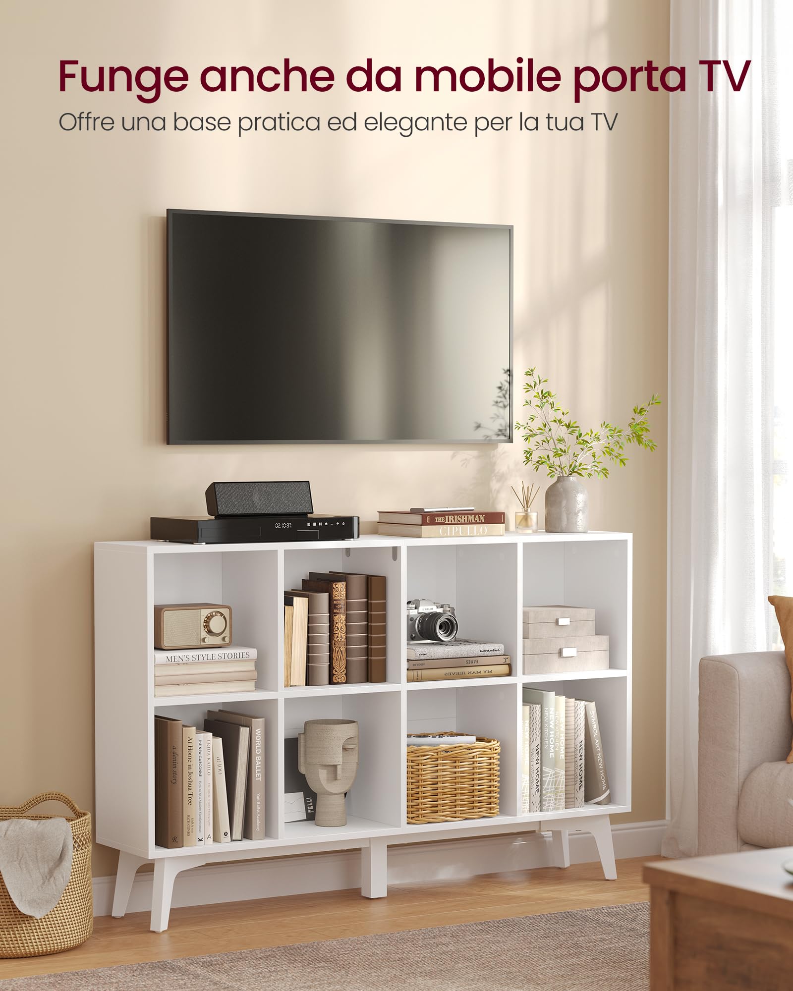 VASAGLE MAEZO Collezione - Libreria, Scaffale per Libri, Portaoggetti a Cubi con 8 Scomparti, Organizzatore per Soggiorno, Studio, Sala da Pranzo, 24 x 119,6 x 77 cm, Bianco Nuvola LBC193WB01