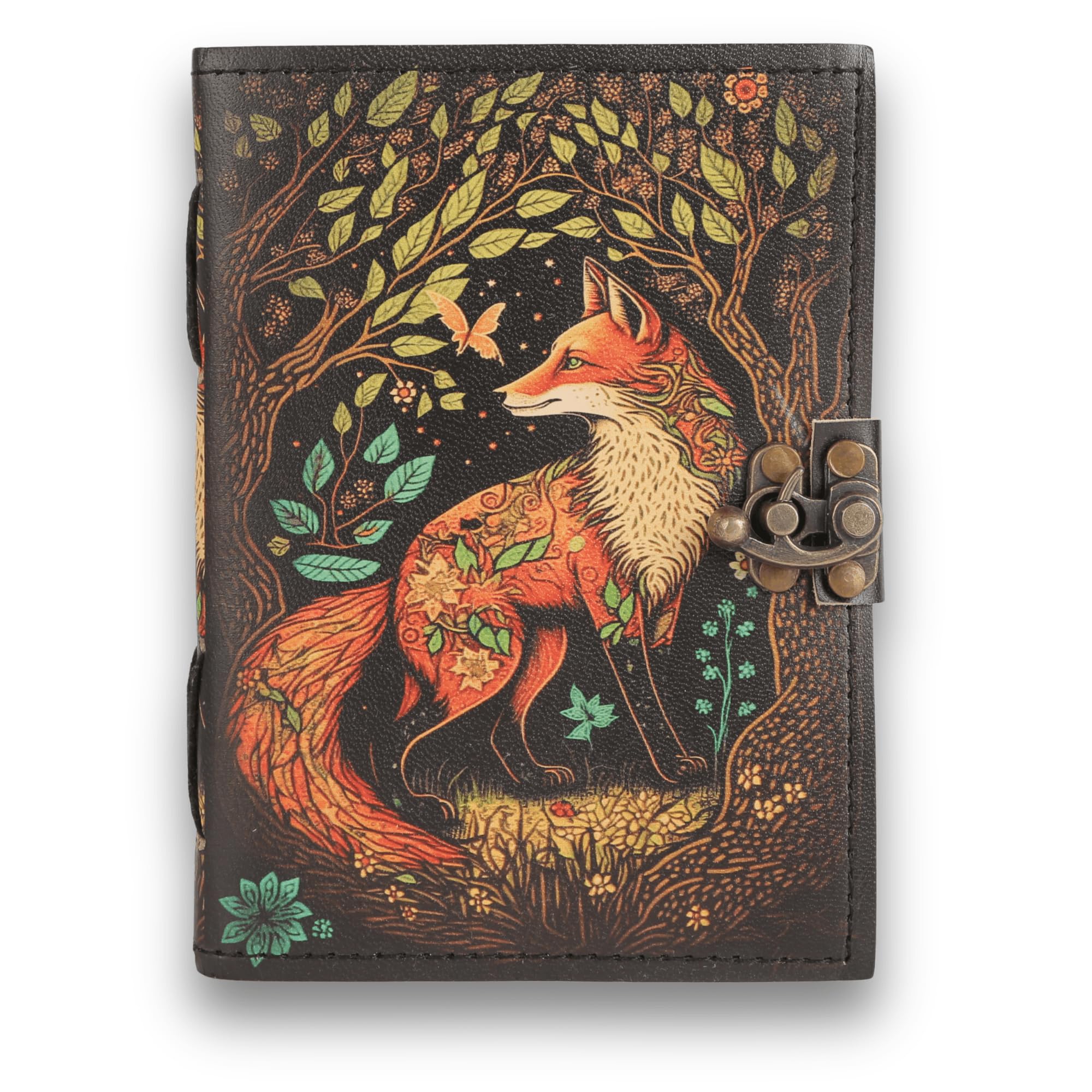 LEARICHI Vintage Leather Cover Journal for Men Women, Fox UV Print Tree of Life Artist Drawing Sketch Book Writing Notebook, Travel Gift Diary, Old Handmade Deckle Paper Unlined Pages, Size B6