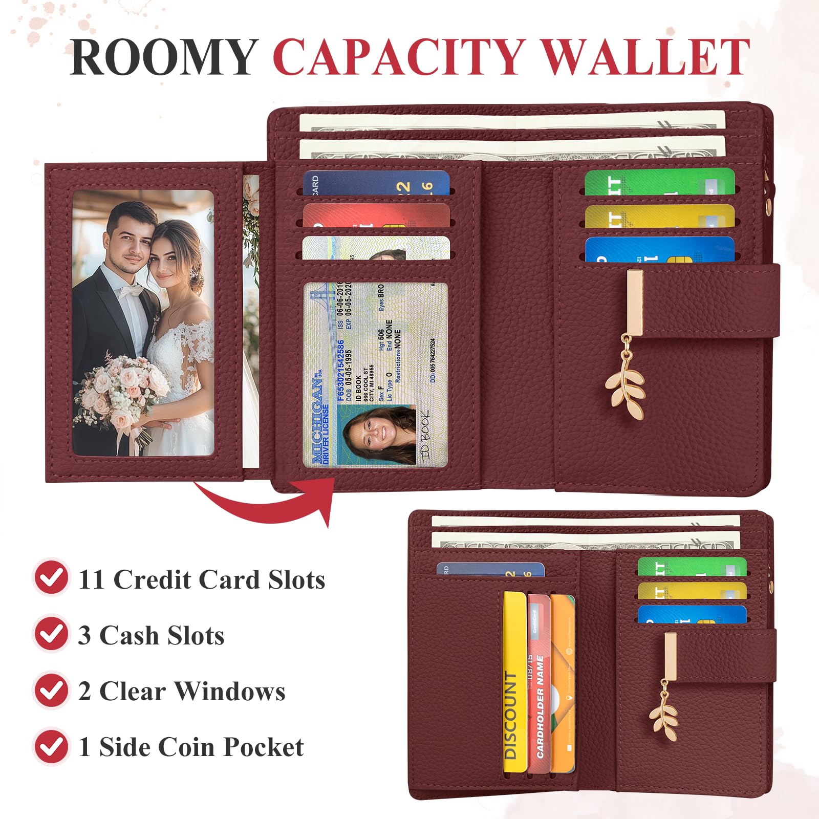 LUROON Portafoglio Medio Donna Pelle con Blocco RFID Portamonete Donna con Slot per Carte, Scomparto per Monete Portafoglio Pelle Tanti Scomparti