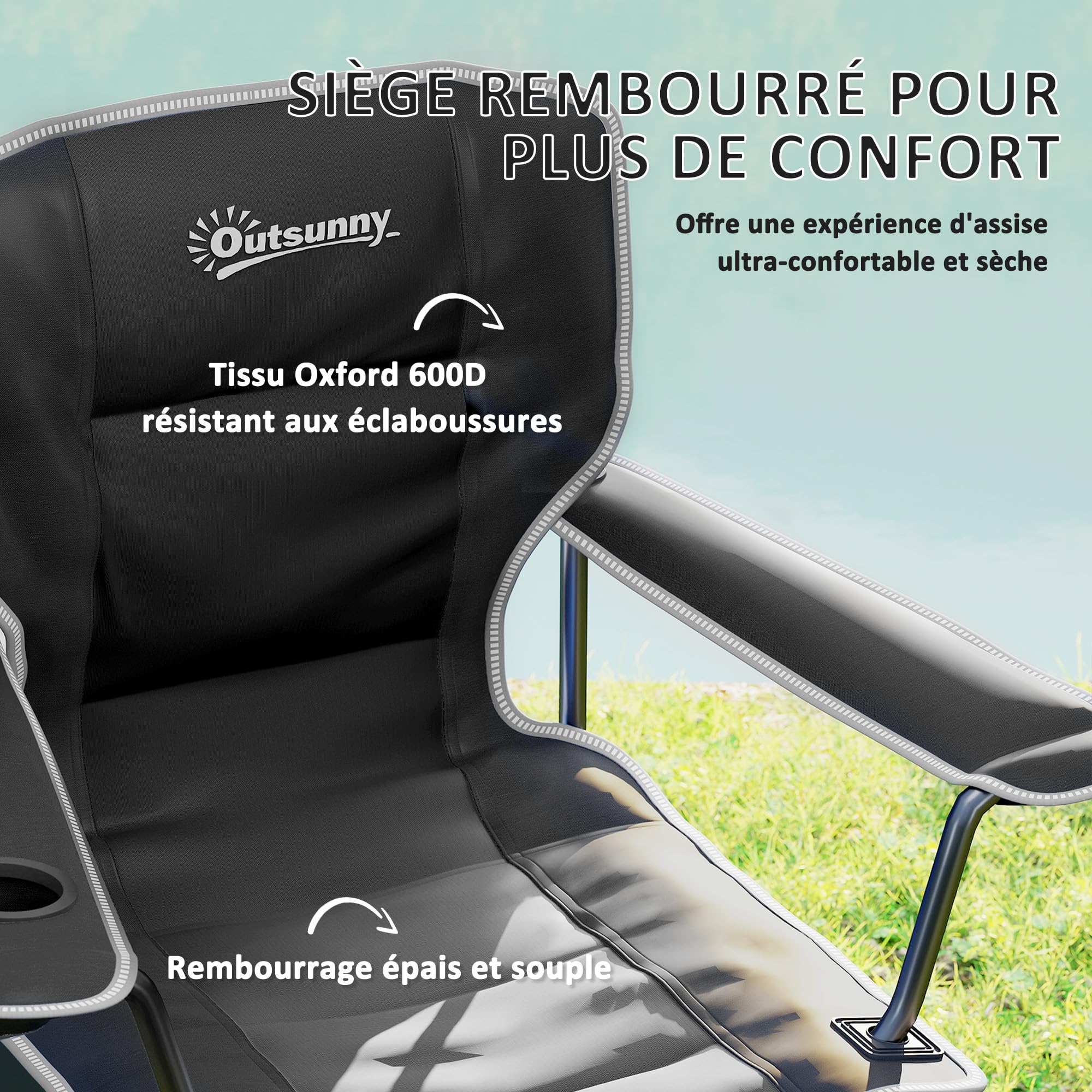 Outsunny Chaise Pliante Camping, Chaise de pêche Portable, siège rembourré, Porte-gobelets, Poches latérales et Sac de Transport, Fauteuil Pliant pour randonnée, pêche, Plage et Pique-Nique, Noir