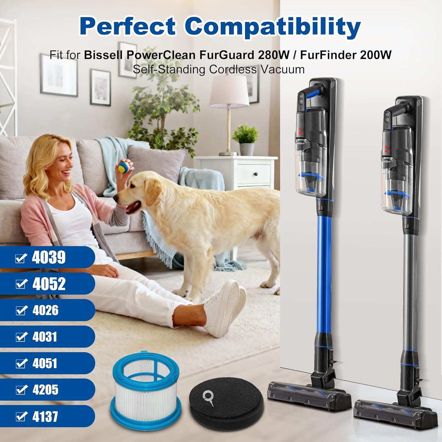 22 Pcs PowerClean 4039 4052 HEPA Filter Replacement for Bissell PowerClean FurGuard 280W and FurFinder 200W Self-Standing Cordless Vacuum, 3 Post Motor Filter, 9 Pre Motor Filter set, 1 Cleaning Brush