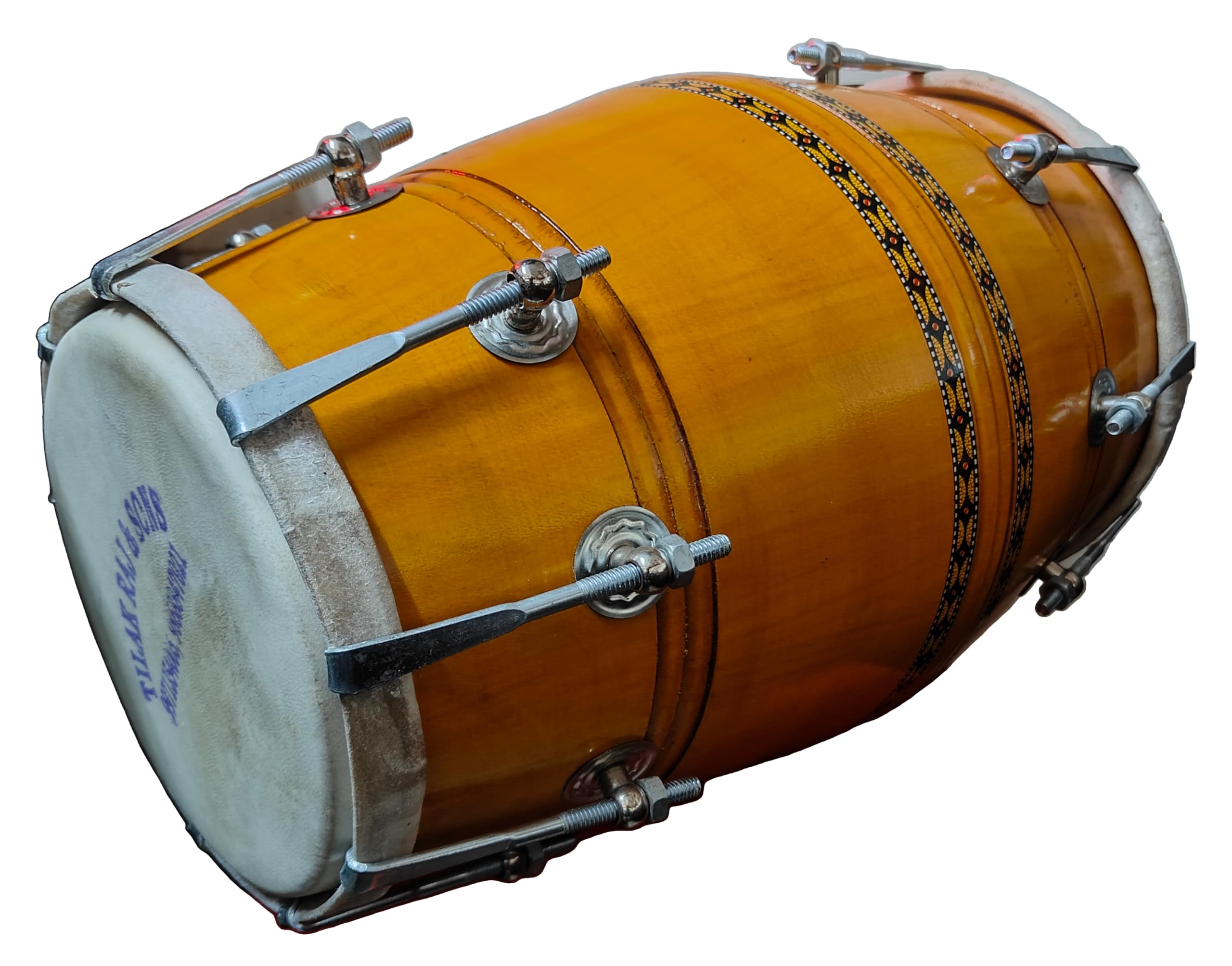 17 Inch Size Wooden Dholak Indian Folk Musical Instrument With Cover and Tuning Key (Yellow Color) - Image 2 thumbnail