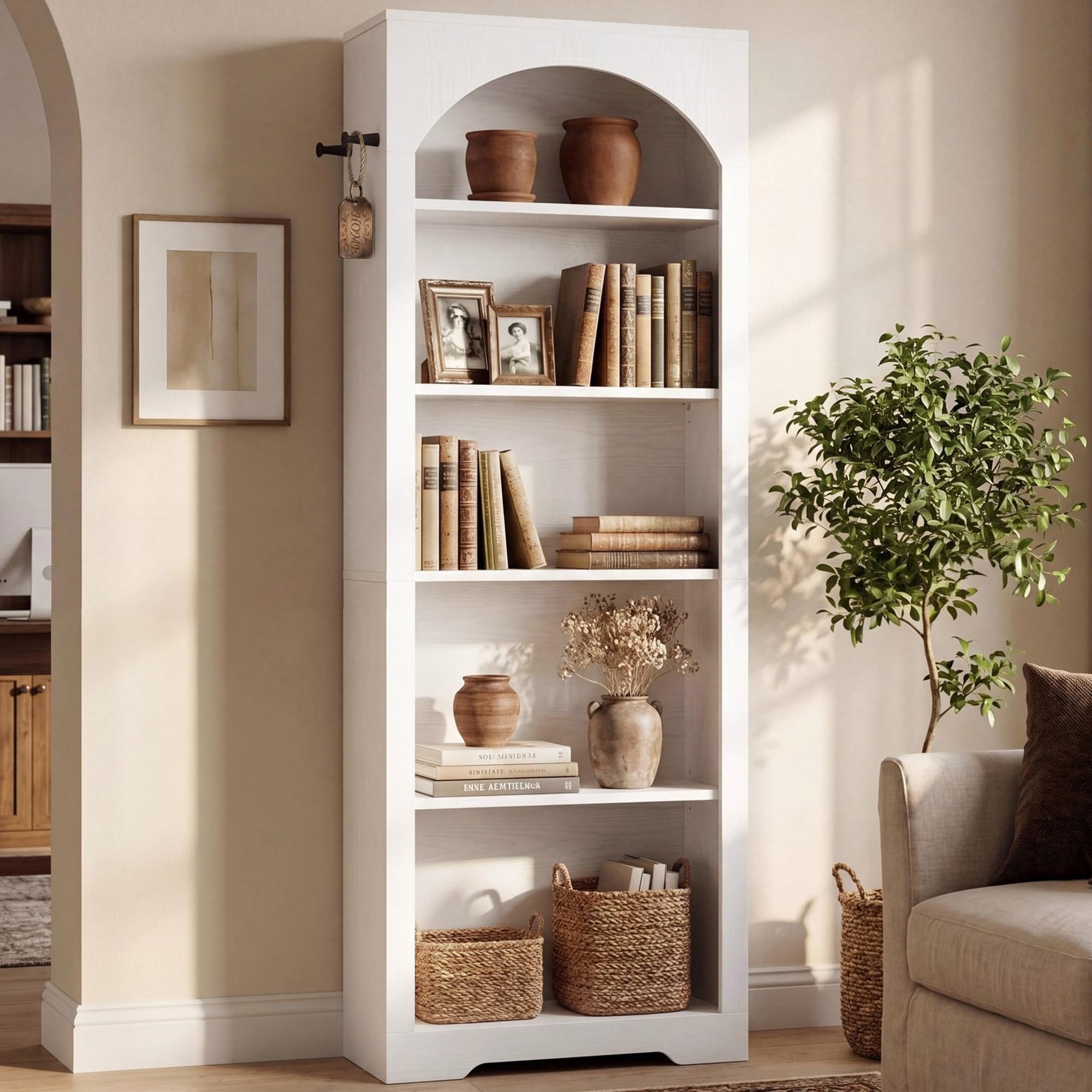 IRONCK Bookshelf, 5-Tier Bookcase, 180cm Tall Arched Bookshelves, Freestanding Display Book Shelf with 2 Hooks, Open Storage Shelf for Office, Living Room