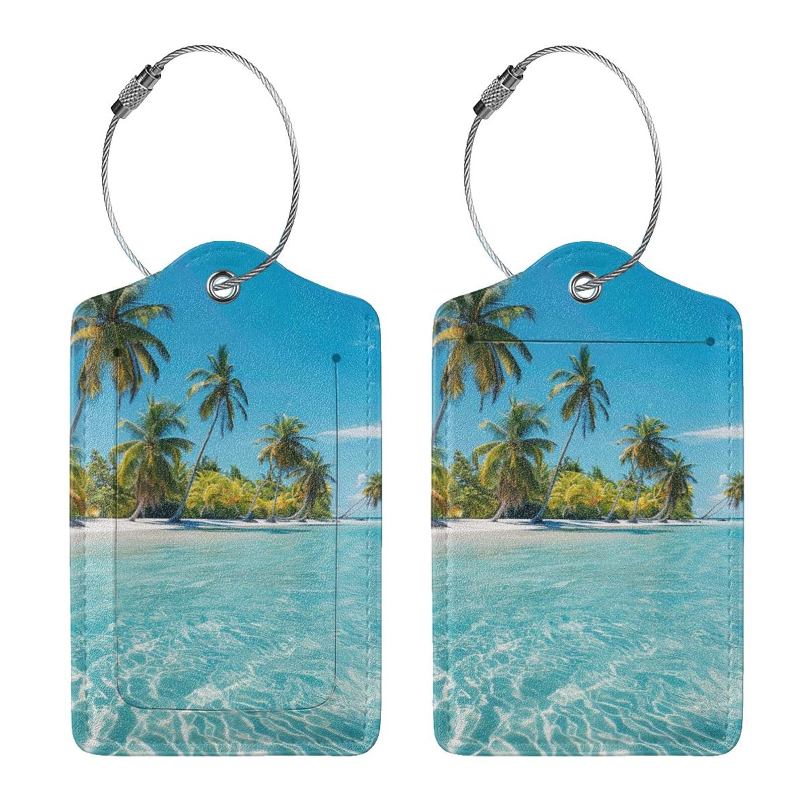 4 etiquetas de equipaje de piel sintética para maleta, isla de playa tropical, verano, océano, palmera, etiqueta de equipaje con bucle de acero inoxidable, etiqueta de identificación de cubierta de