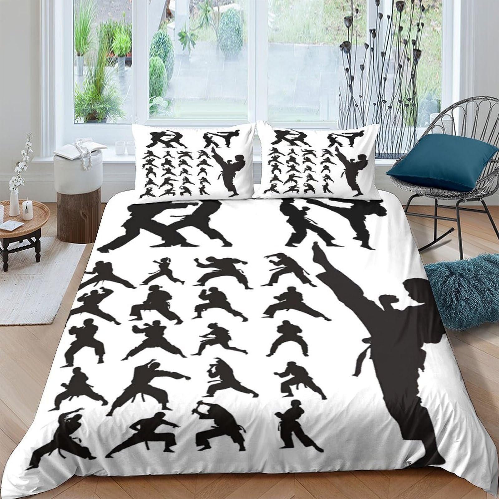 Ctjqhvkz Style-9 3D Printed Martial Arts Silhouette Fitted Sheet Microfiber Soft Black White Karate Bed Cover For Bedroom Guestroom Single（135X200cm）