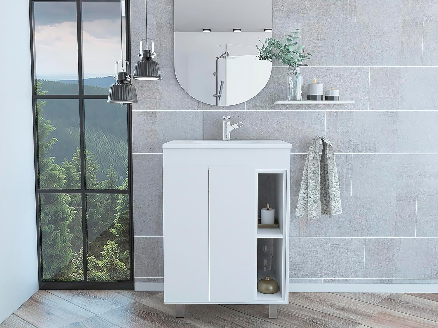 White 24" Vanity, Two External Shelves, Double Door Cabinet
