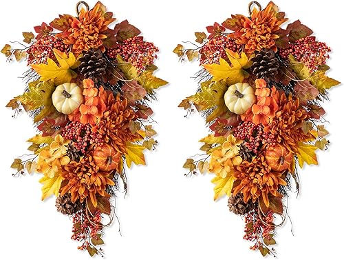 glitzhome 2 guirnaldas de hojas de calabaza de girasol, 26 pulgadas de alto, con hojas de arce, calabazas, bayas, adorno para decoración de pared de