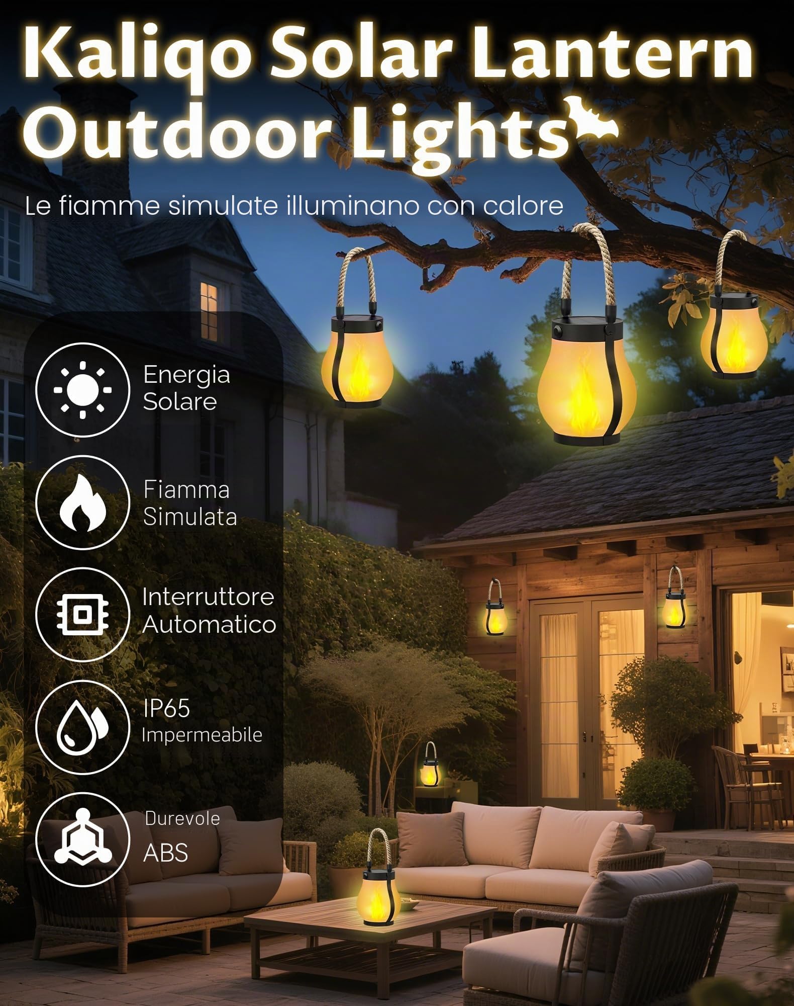 Kaliqo Lanterna solare per esterni, impermeabile, fiamma danzante, lanterna solare, luci esterne, corda di canapa Kaligo, lanterne a fiamma da appendere per decorazioni da giardino e cortile
