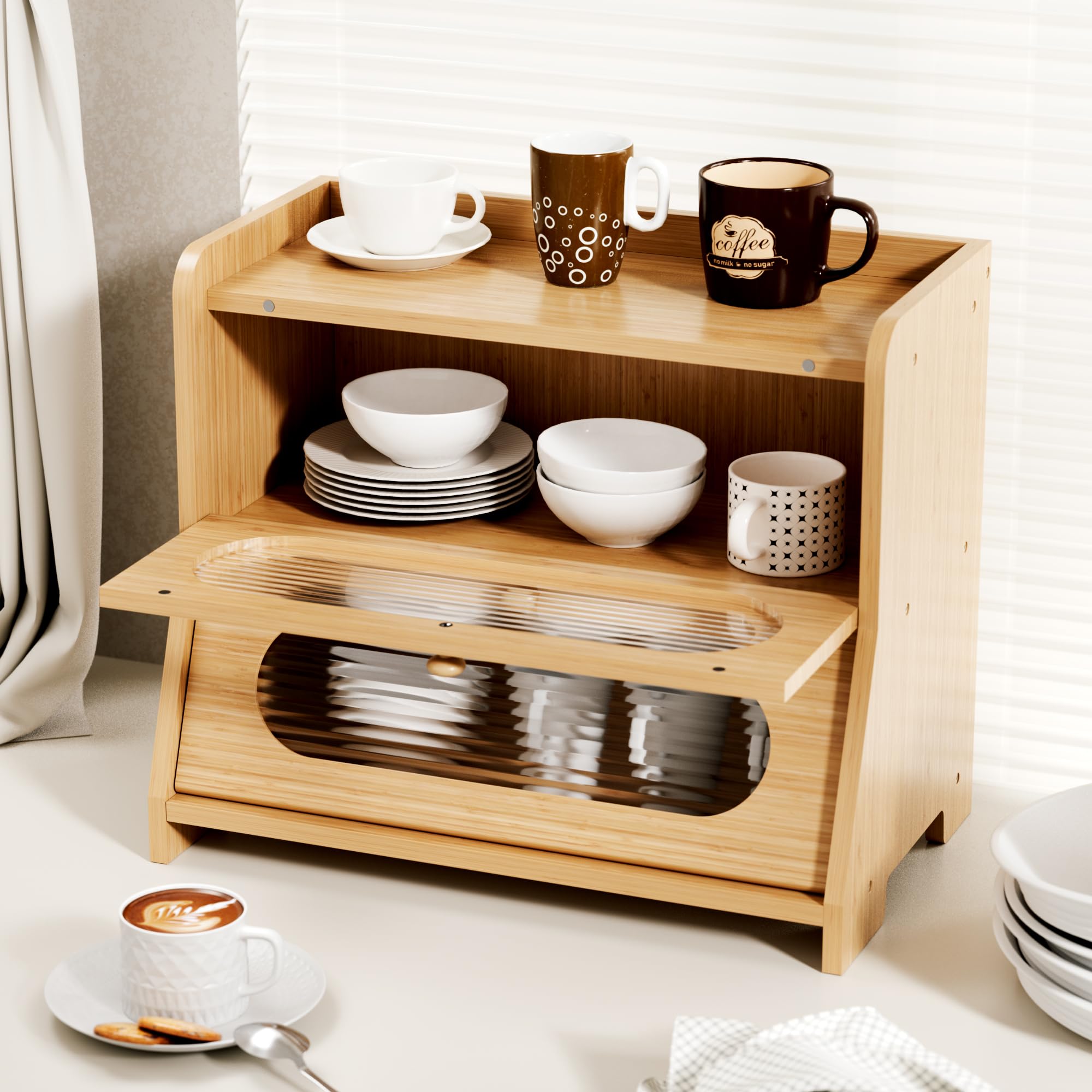 Panera para encimera de cocina, contenedor grande de almacenamiento de pan de bambú de doble capa con panel de puerta ondulado acrílico (natural)