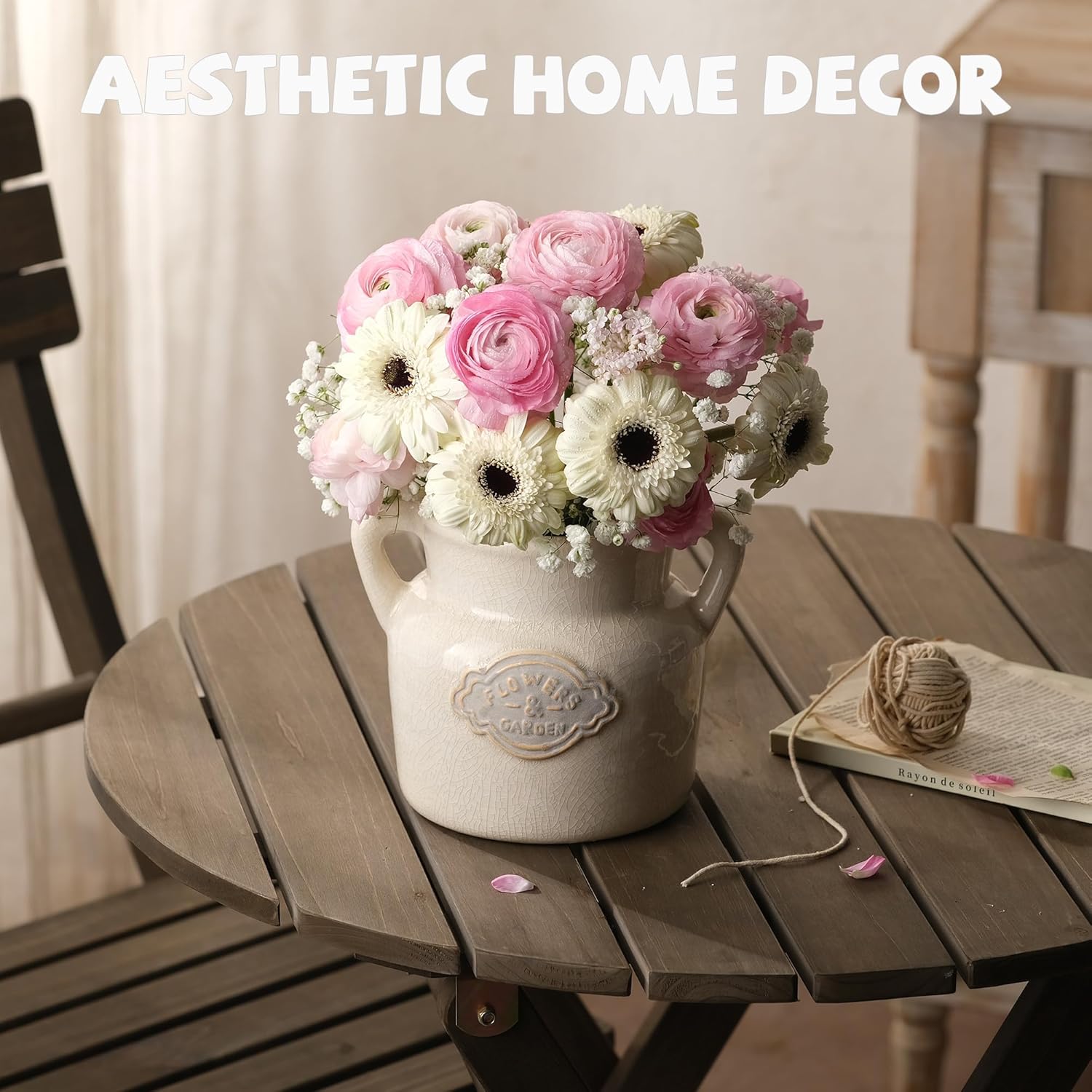 Rustic White Ceramic Vase, 5.8 Inch Vintage Flower Vases with Handle, Farmhouse Distressed Decorative Vases for Home Decor, Wide Mouth Vase for Living Room Bedroom Table Shelf Decorations - Image 4