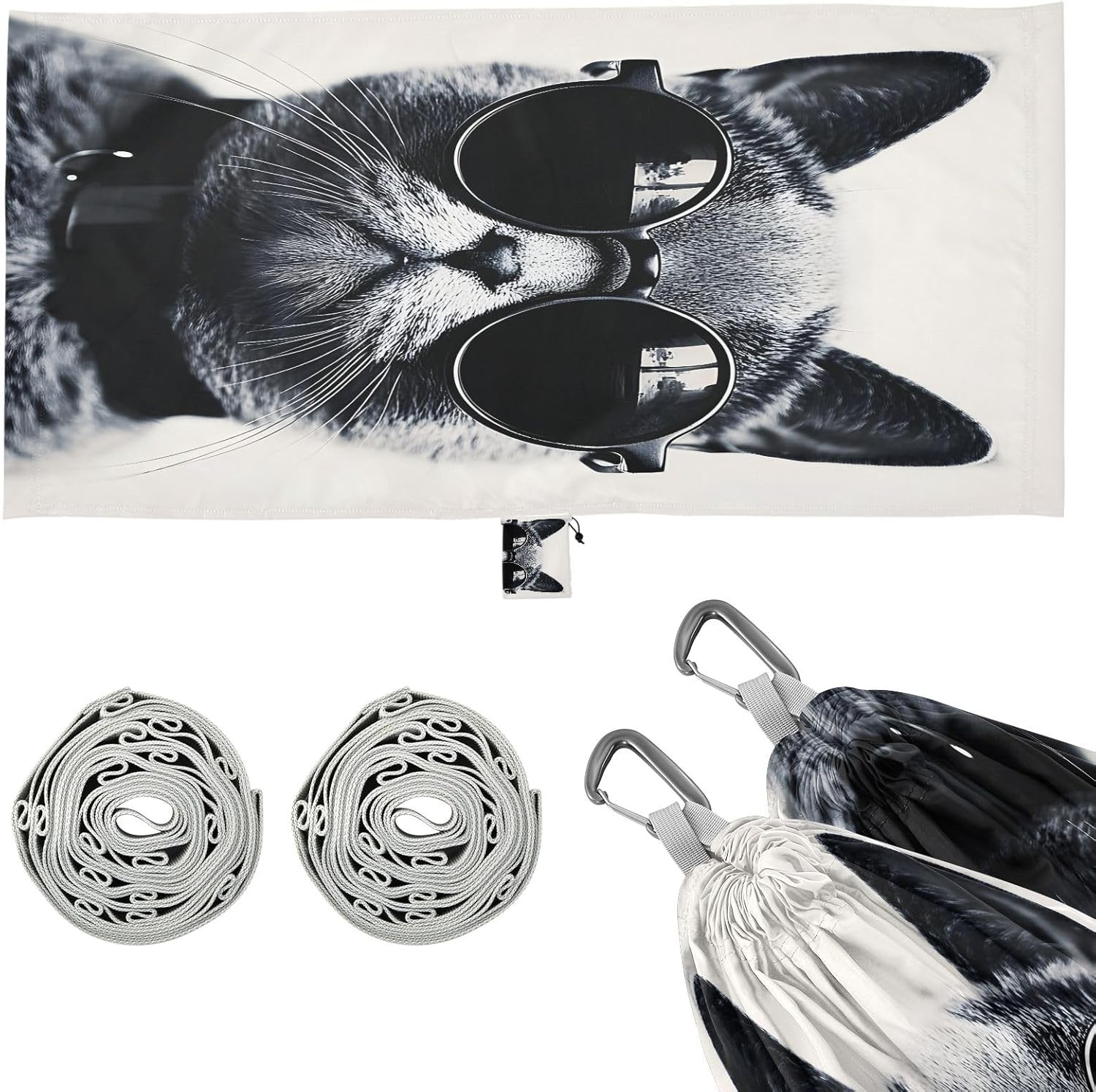 ALAZA Cat with Sun Glasses Camping Hammocks Single or 2 Person 500 lbs Portable Parachute Travel Hammock w/Tree Straps for Hiking Backpacking Indoor Outdoor