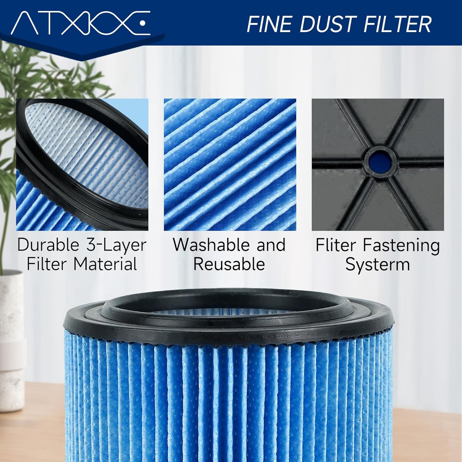 Close-up images showing the durable 3-layer filter material, its washable and reusable nature, and the filter fastening system