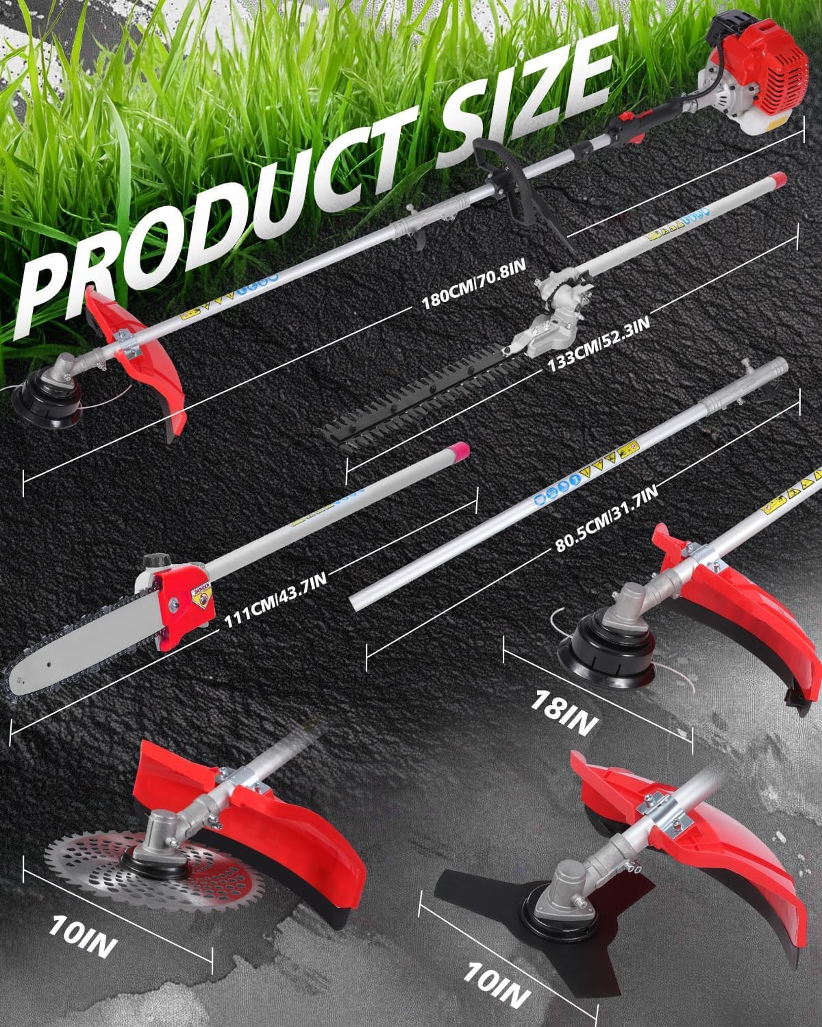 5 in 1 Weed Wacker Gas Powered & Weed Eater Combo Kit, 52cc 2 Cycle Brush Cutter, Pole Saw, Hedge Blade, String Line with 40-inch Extension Pole for Yard Maintenance