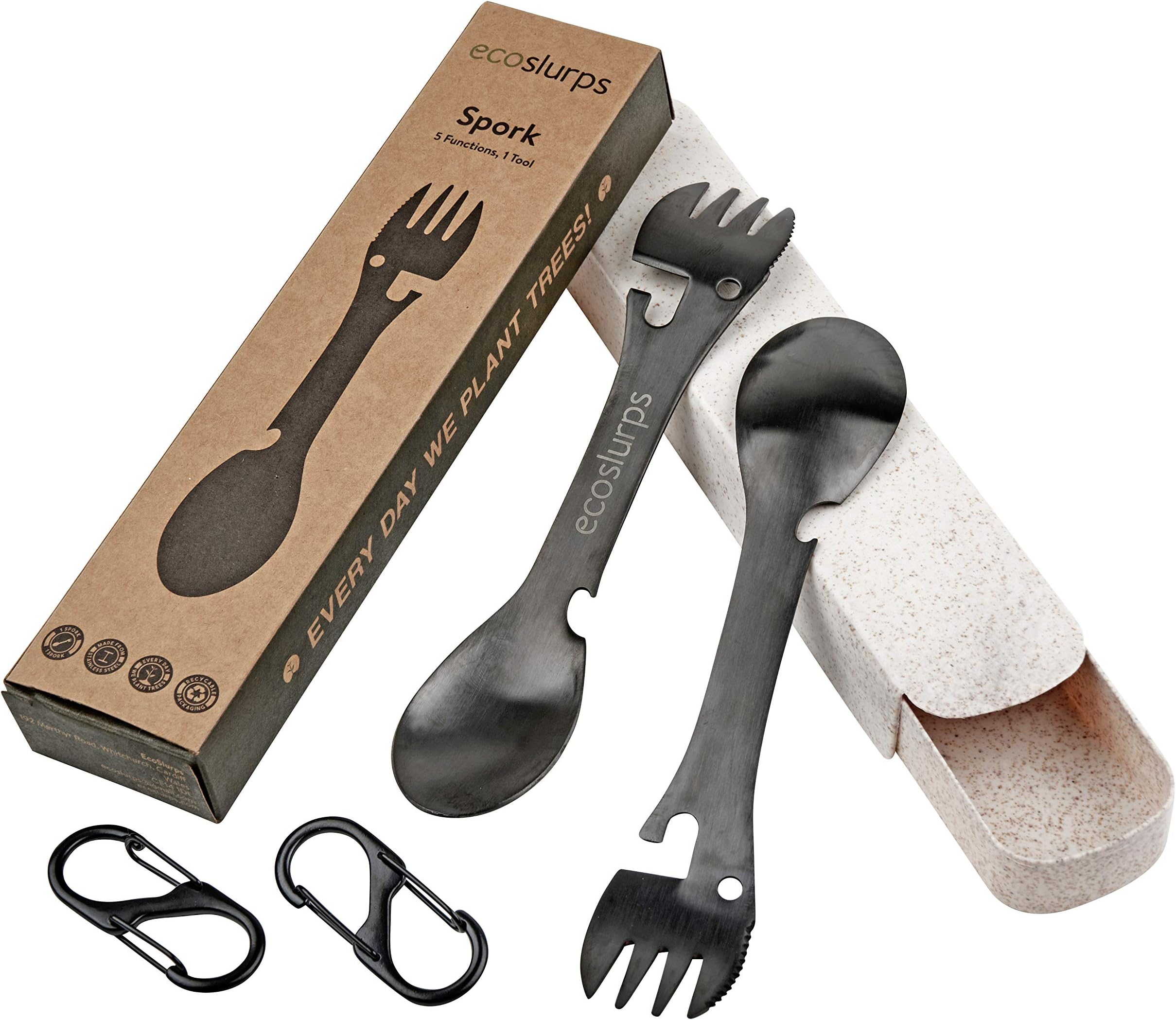 EcoSlurps 2 Spork Travel Cutlery Set - Stainless Steel Sporks with Eco-Friendly Travel Case and Carry Clip - British Brand - Black Titanium Metal Coating - Camping, Eating Lunch on go (2 Sporks)
