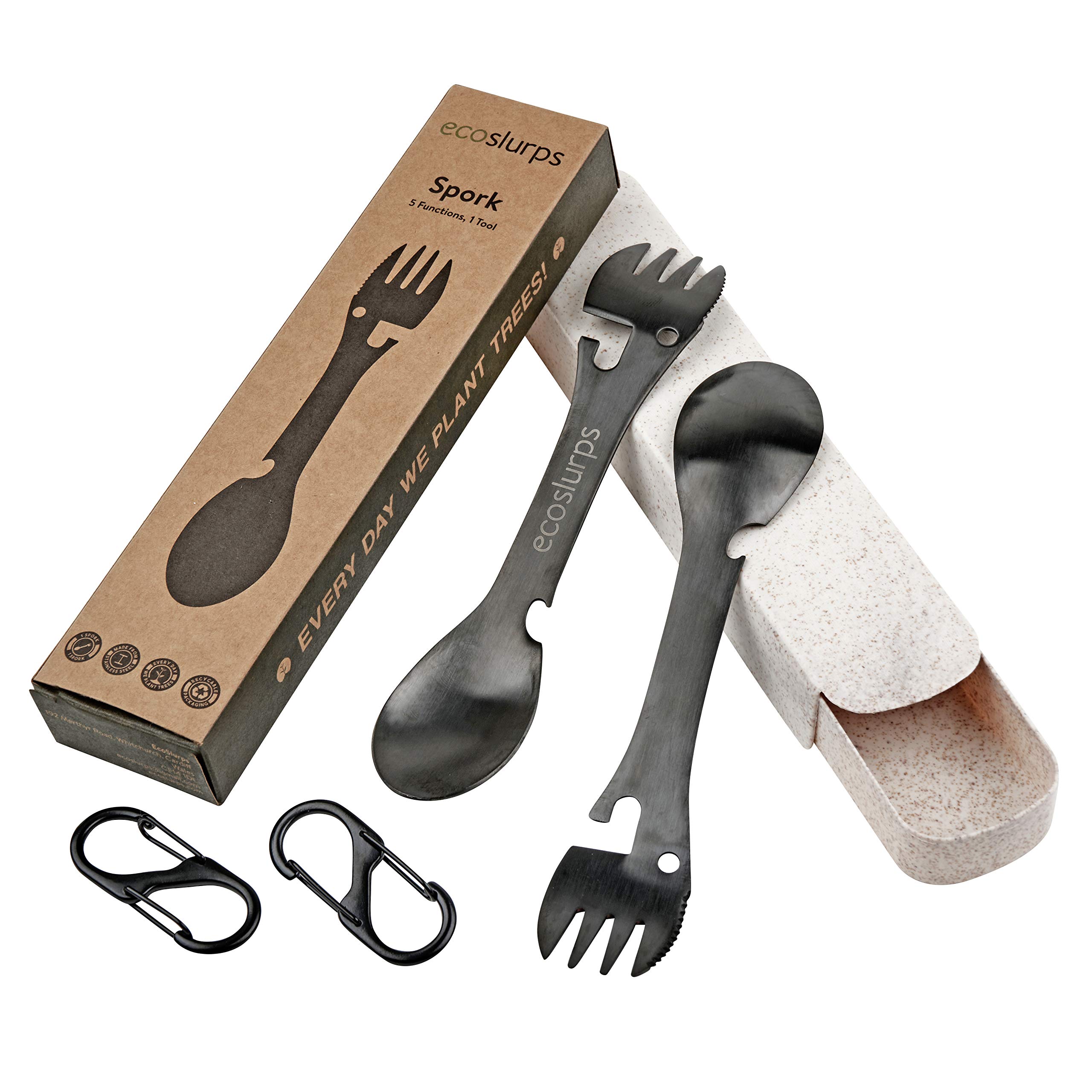 2 Spork Travel Cutlery Set - Stainless Steel Sporks with Eco-Friendly Travel Case and Carry Clip - British Brand - Black Titanium Metal Coating - Camping, Eating Lunch on go (2 Sporks)