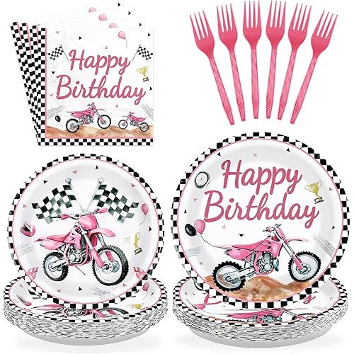 96Pcs Motorcycle Birthday Party Decorations Dirt Bike Motocross Plates and Napkins Tableware Set Watercolor Motorbike Decorations Favors for Girls Kids Baby Shower Birthday Party Supplies Serves 24