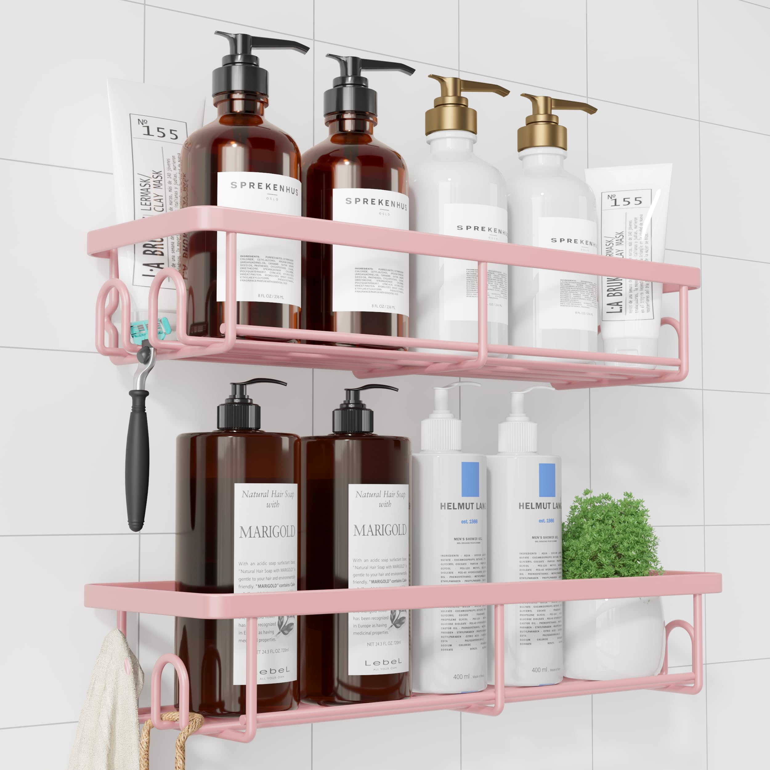 Kitsure Duschablage ohne Bohren - 2 Stück rostfreie Badezimmer Organizer, schnell trocknende Badregal, mit großer Kapazität, langlebige Shampoo Halterung für Dusche aus Edelstahl, Large, Rosa