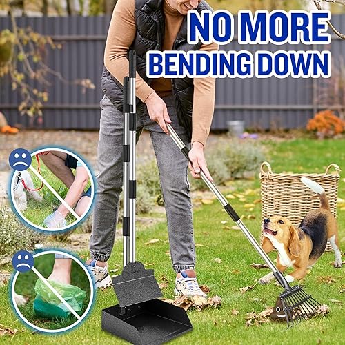 Miniatura 2 de Recogedor de excrementos de perro para perros grandes, paquete de 3 bandejas de metal ajustables de mango largo, rastrillo y pala con cubo para