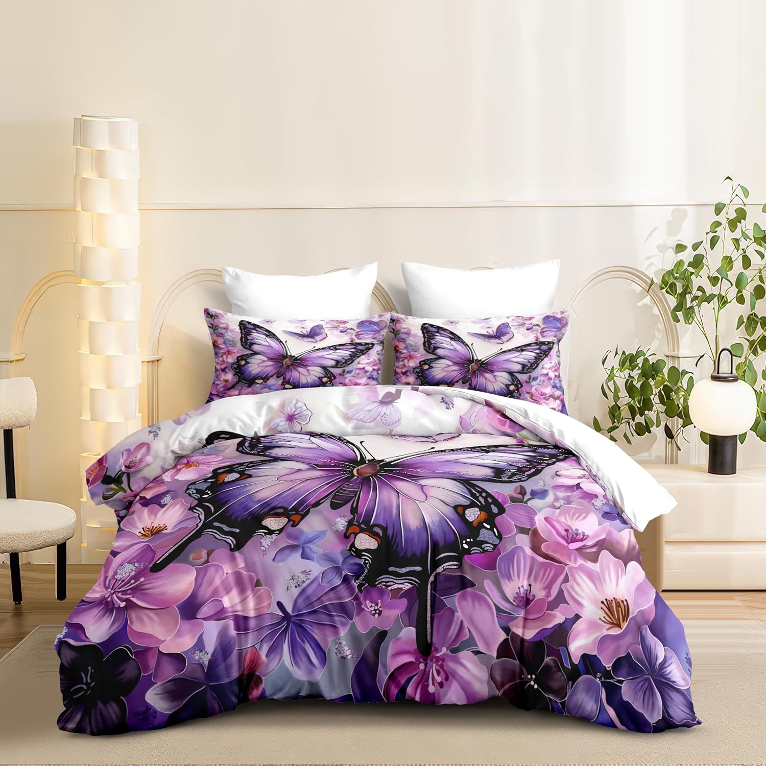 Purple Butterfly Comforter Set Queen Size Chic Flower Butterfly Bedding Sets Botanical Plants Comforter Quilt Boho Animal Bed Set 3Pcs Soft Fluffy Comforter for Girls Women Adult Room - Image 3