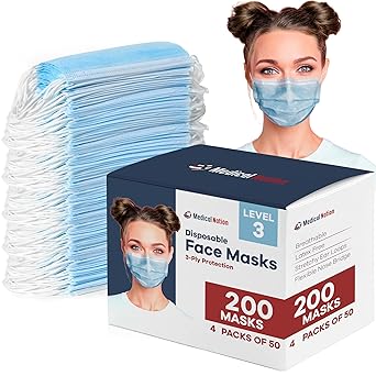 Medical Nation 200 Pack Blue Disposable Face Masks - Level 3 | Bulk 3 Ply Facemask Pack - Soft Breathable Latex Free Non-Woven Dust Mask with Flexible Nose Bridge & Stretchy Ear Loops 4 Packs x 50