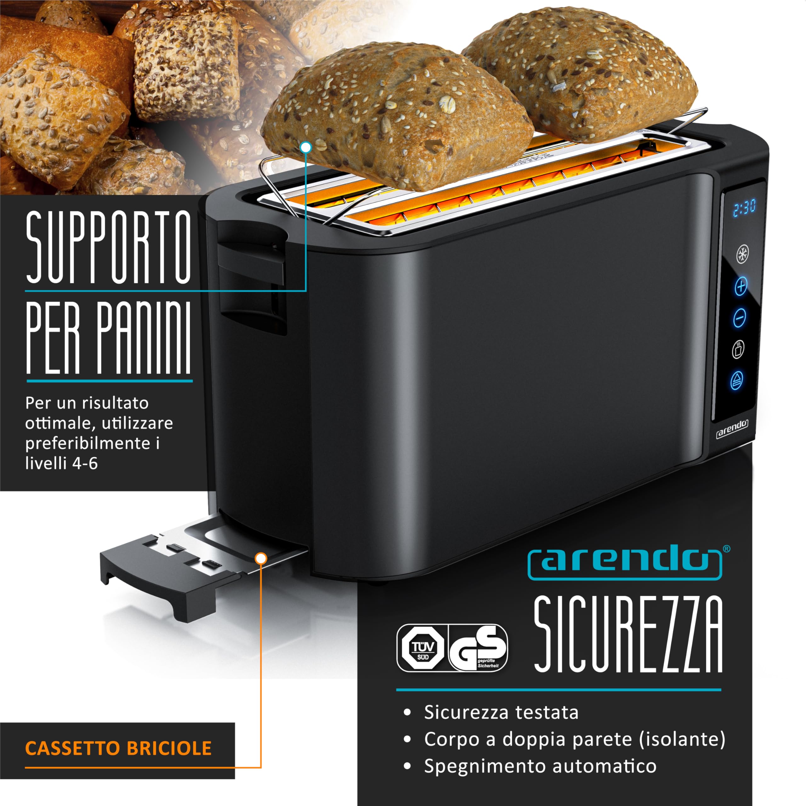 Arendo Tostapane 4 fessure lunghe 1500 W, display touch, doppio guscio, supporto per brioche, 7 livelli di tostatura, centratura e display del tempo rimanente, funzione memoria