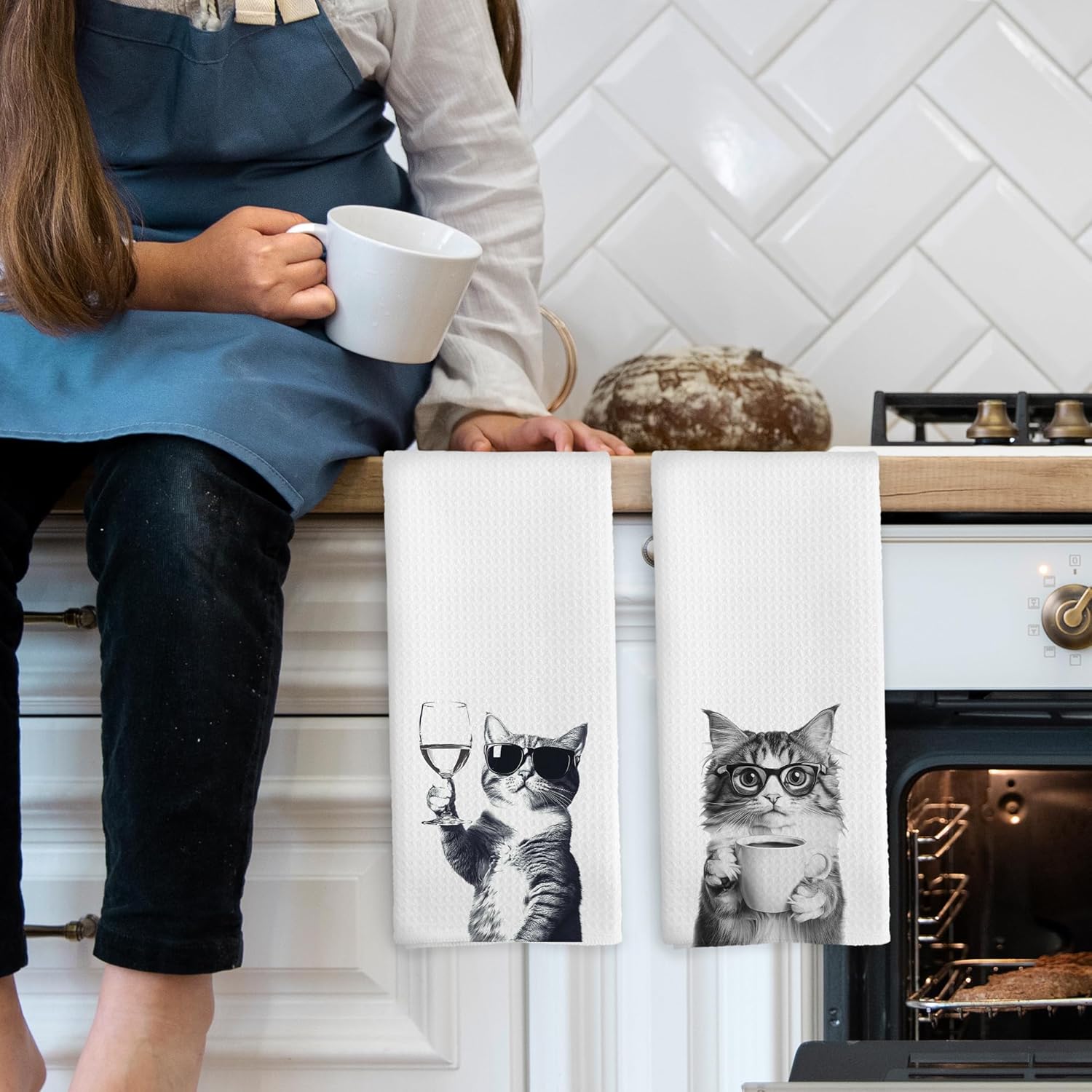 Funny Cat Kitchen Towels Set of 2, Funny Kitchen Decor, Coffee Station Wine Bar Decor, Black and White Cat Owner Gift Hand Towel, Dining Room Decorative Tea Towel Dish Towels 16x24 Inch - Image 3