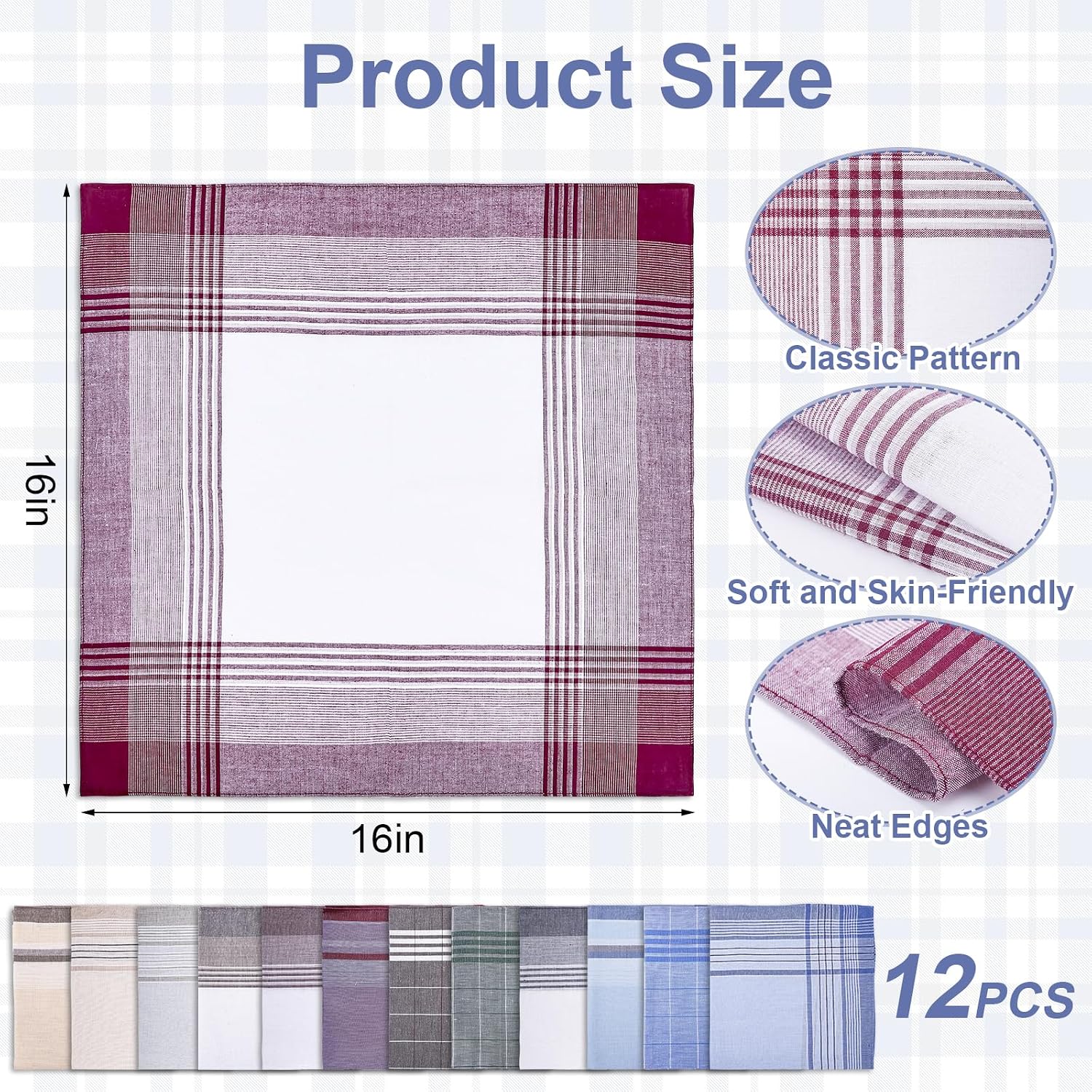[12 PCS] Handkerchiefs for Men, 16x16 Inch, 100% Soft Cotton Classic Style Handkerchief, Pocket Squares for Men with Check thumbnail