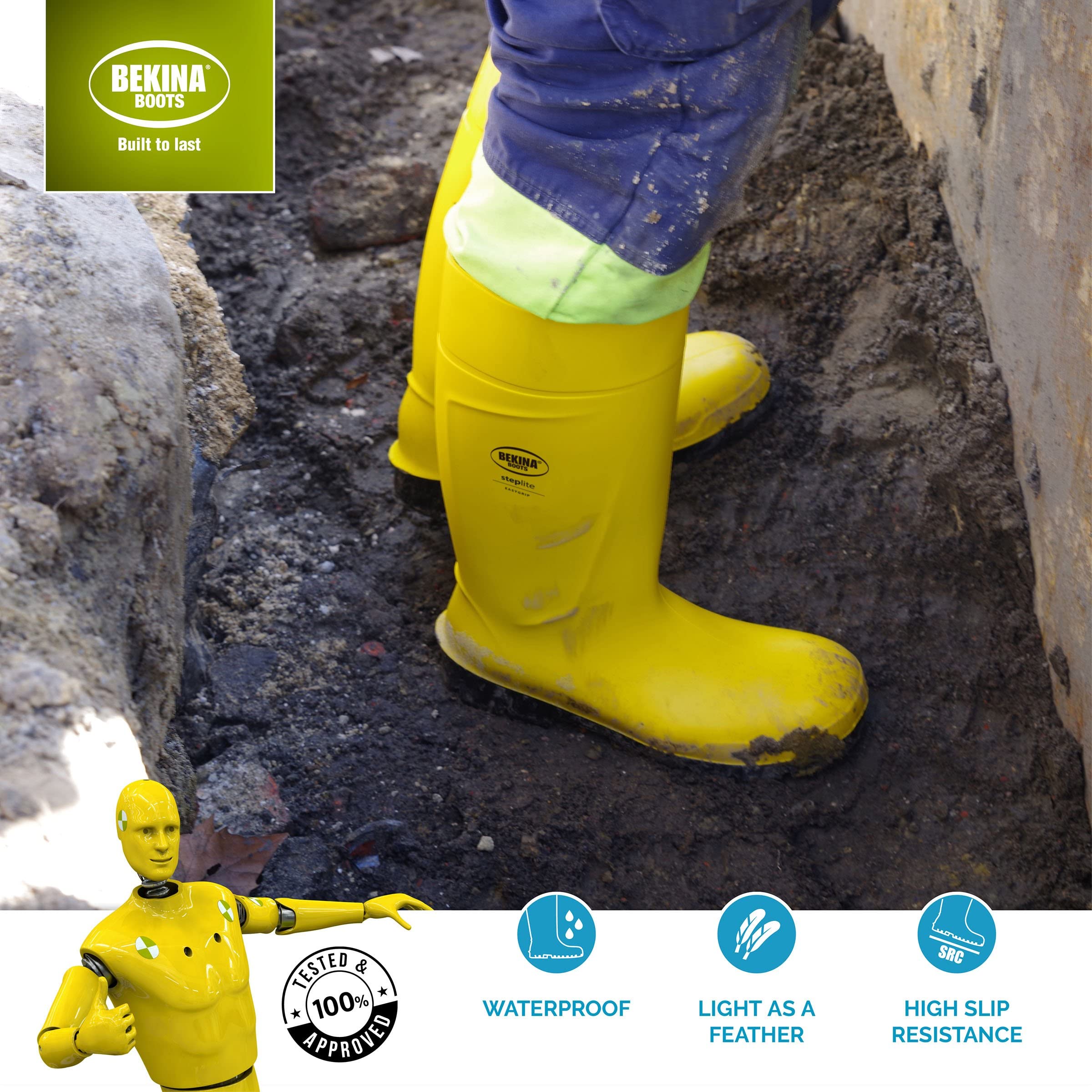 Botas de Seguridad, Hombres, con Puntera y Suela de Acero de Seguridad, Poliuretano, Muy Ligeras, Incl. Plantilla para pies Calientes y Secos, Amarillo, EU 43