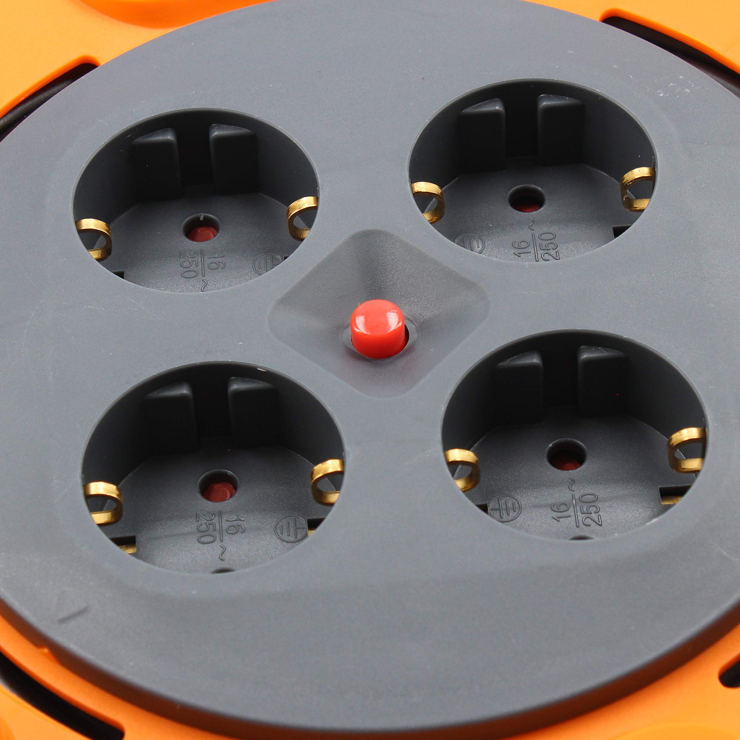 TM Electron TMUAD225 - Cable de alimentación en Bobina Enrollable de 25 Metros con 4 Tomas, Color Naranja