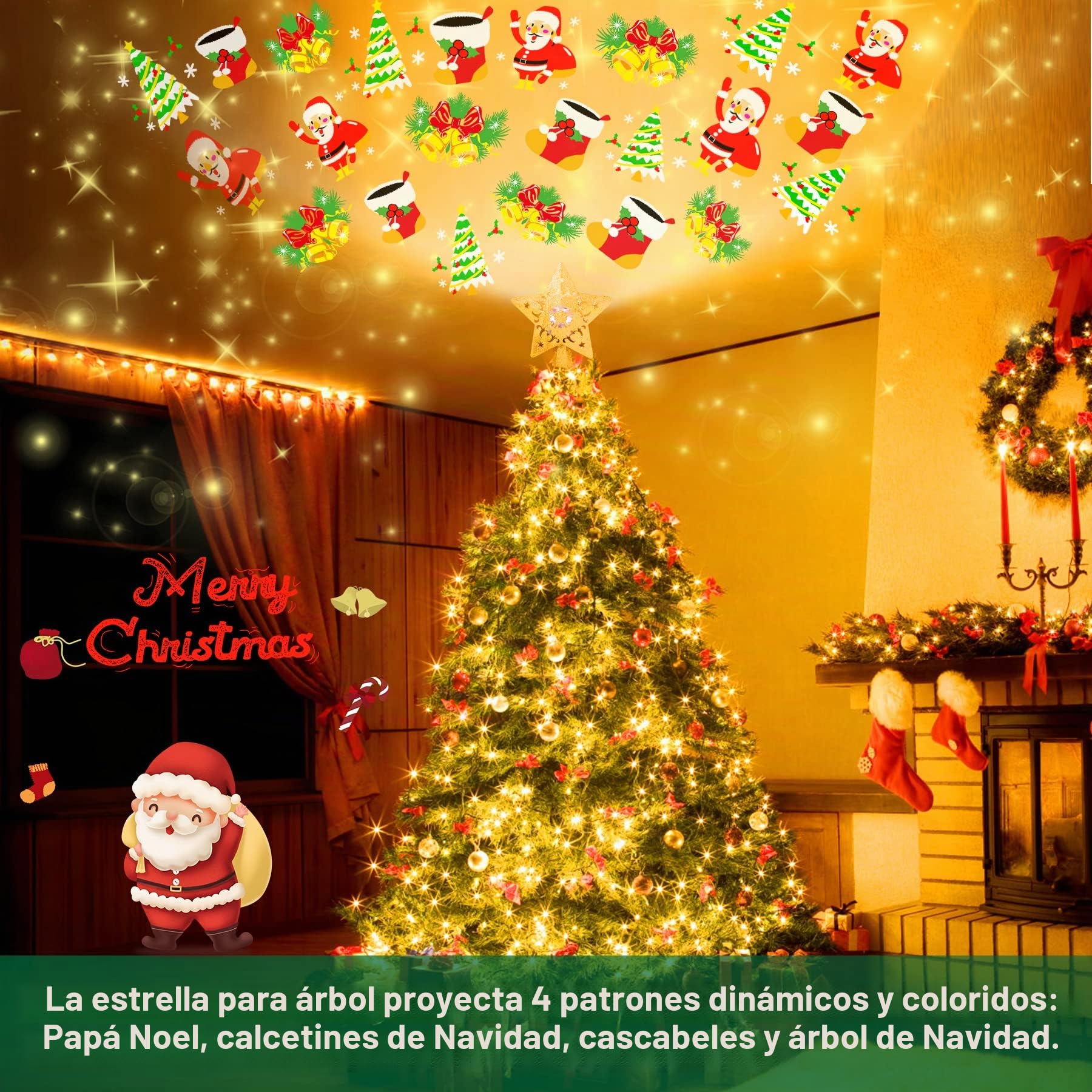 Estrella Adorno Copa del Árbol de Navidad, Estrella Brillante para la Parte Superior del Árbol con Proyector LED Giratorio Incorporado, Puntas del Árbol de Navidad, Copa del Abeto del Árbol