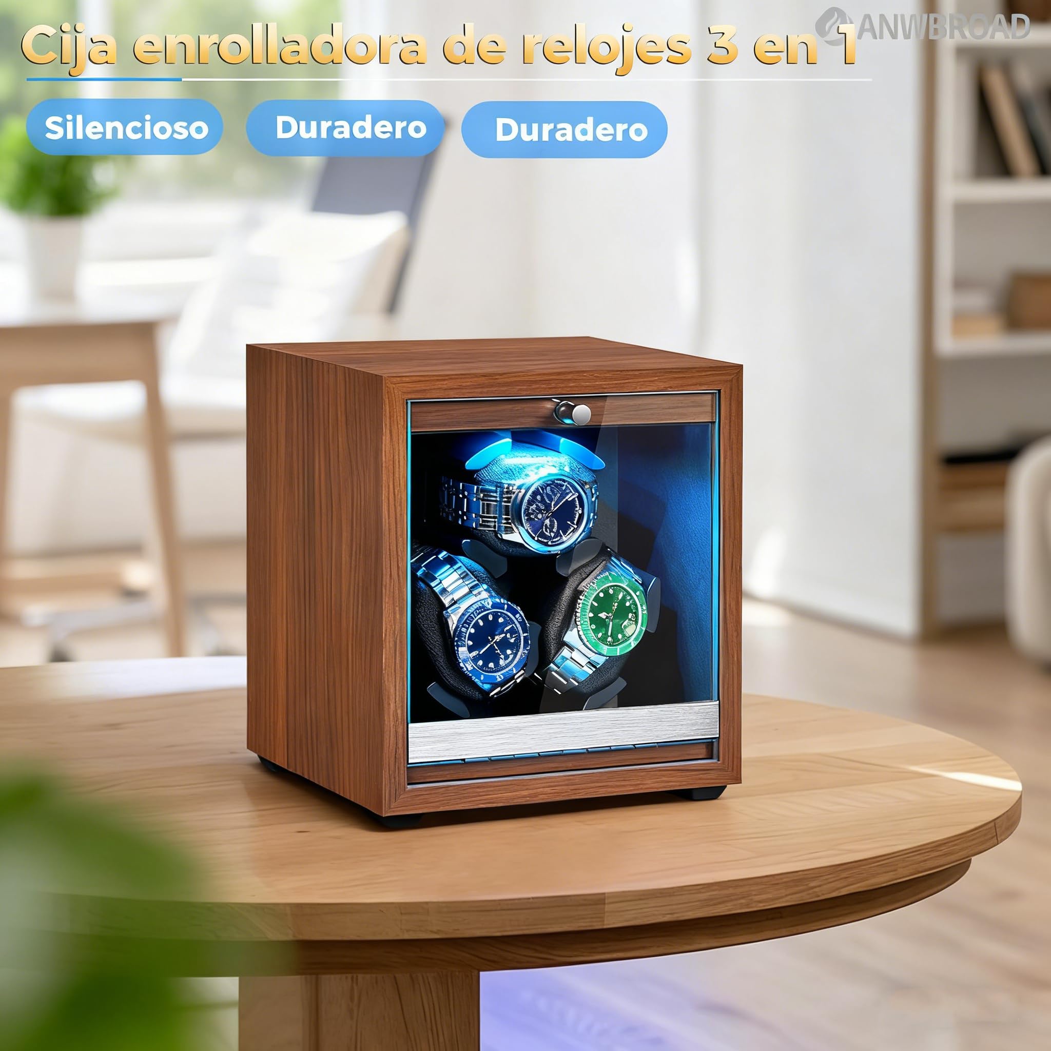 ANWBROAD Caja Relojes Automáticos para 3 Relojes Watch Winder 4 Modos de Rotación con LED y Motor Rotador Mabuchi Supersilencioso Giratoria de Regalo JWW013M